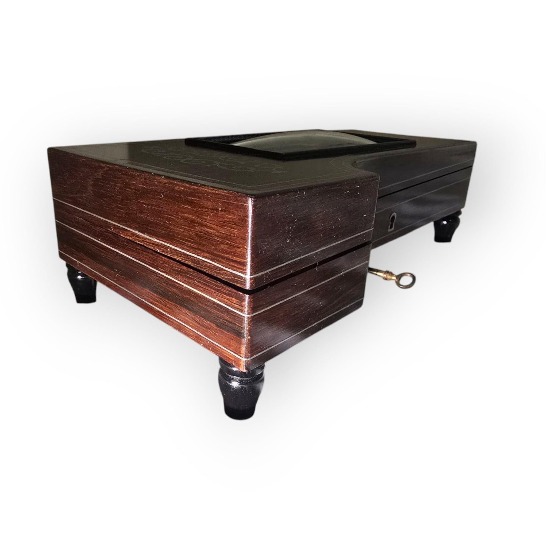 19th-Century Silver and Exotic Wood Inkwell in the Shape of a Piano For Sale 8