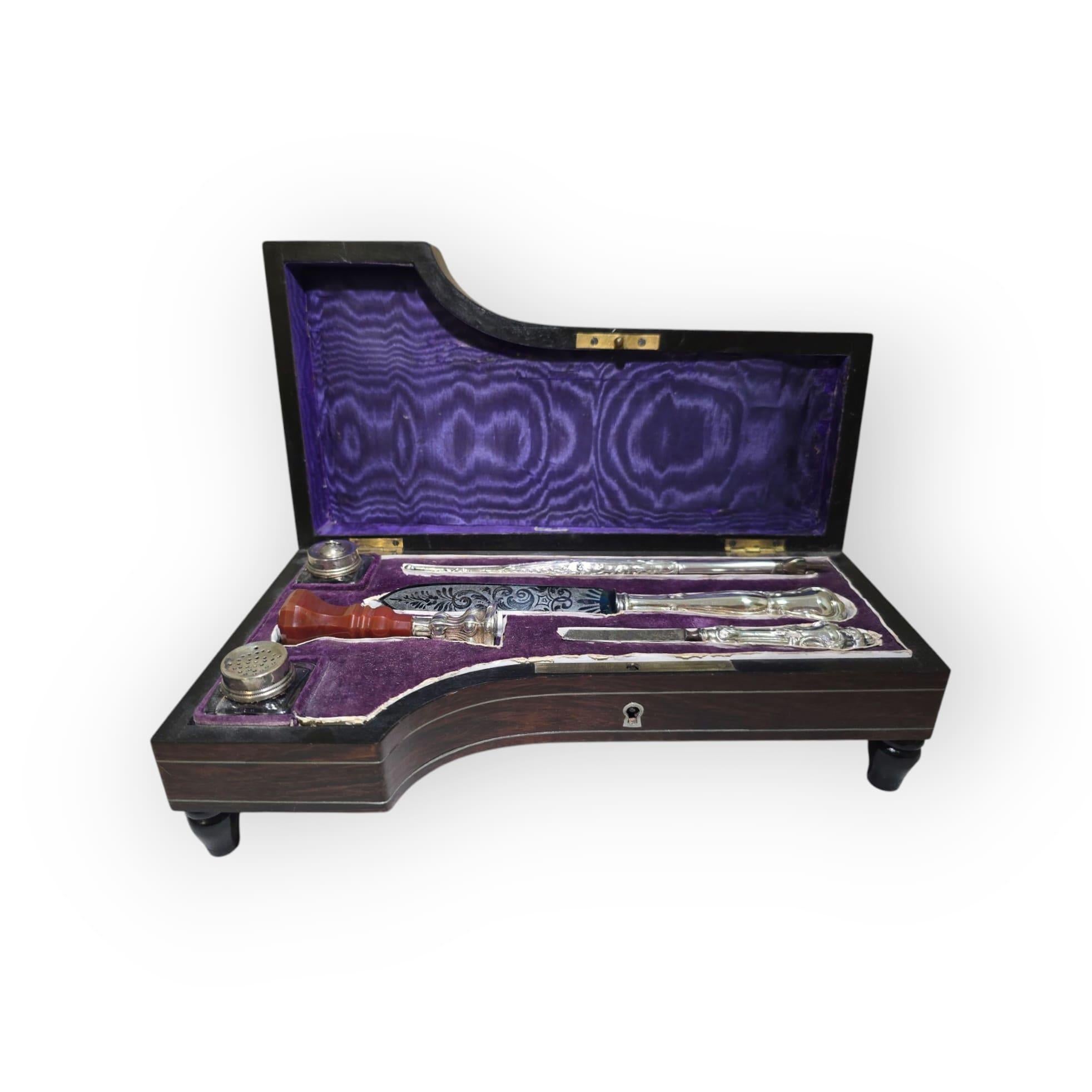 19th Century 19th-Century Silver and Exotic Wood Inkwell in the Shape of a Piano For Sale