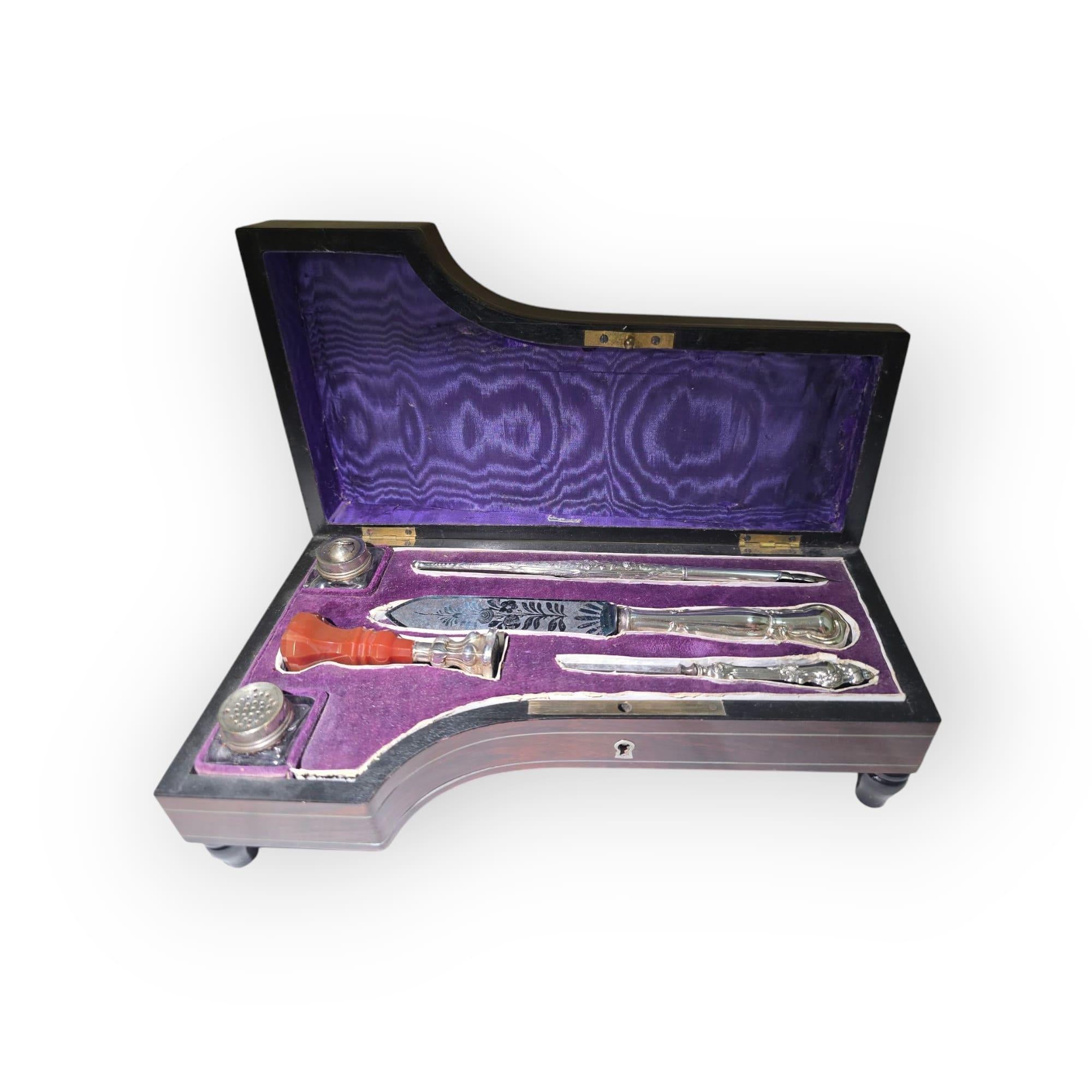 19th-Century Silver and Exotic Wood Inkwell in the Shape of a Piano For Sale 3