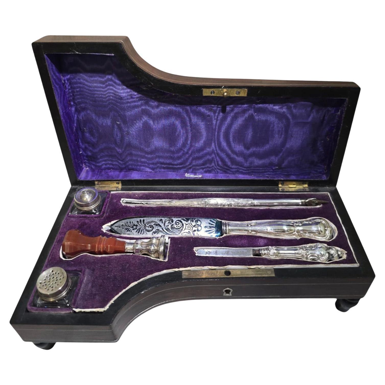 19th-Century Silver and Exotic Wood Inkwell in the Shape of a Piano For Sale