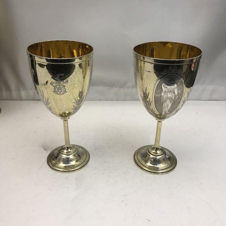 Victorian 19th Century Silver and Gilt Ewer with Matching Goblets For Sale