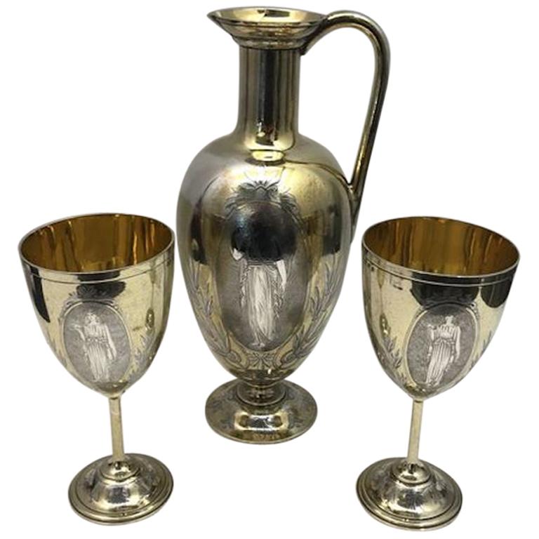 19th Century Silver and Gilt Ewer with Matching Goblets For Sale