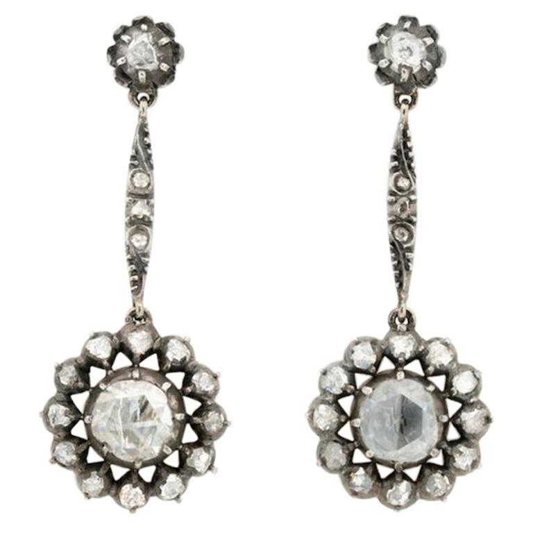 Silver and Gold Dutch 2.50 Carat Rose Cut Diamond Drop Earrings, circa 1900