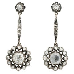 Antique Silver and Gold Dutch 2.50 Carat Rose Cut Diamond Drop Earrings, circa 1900