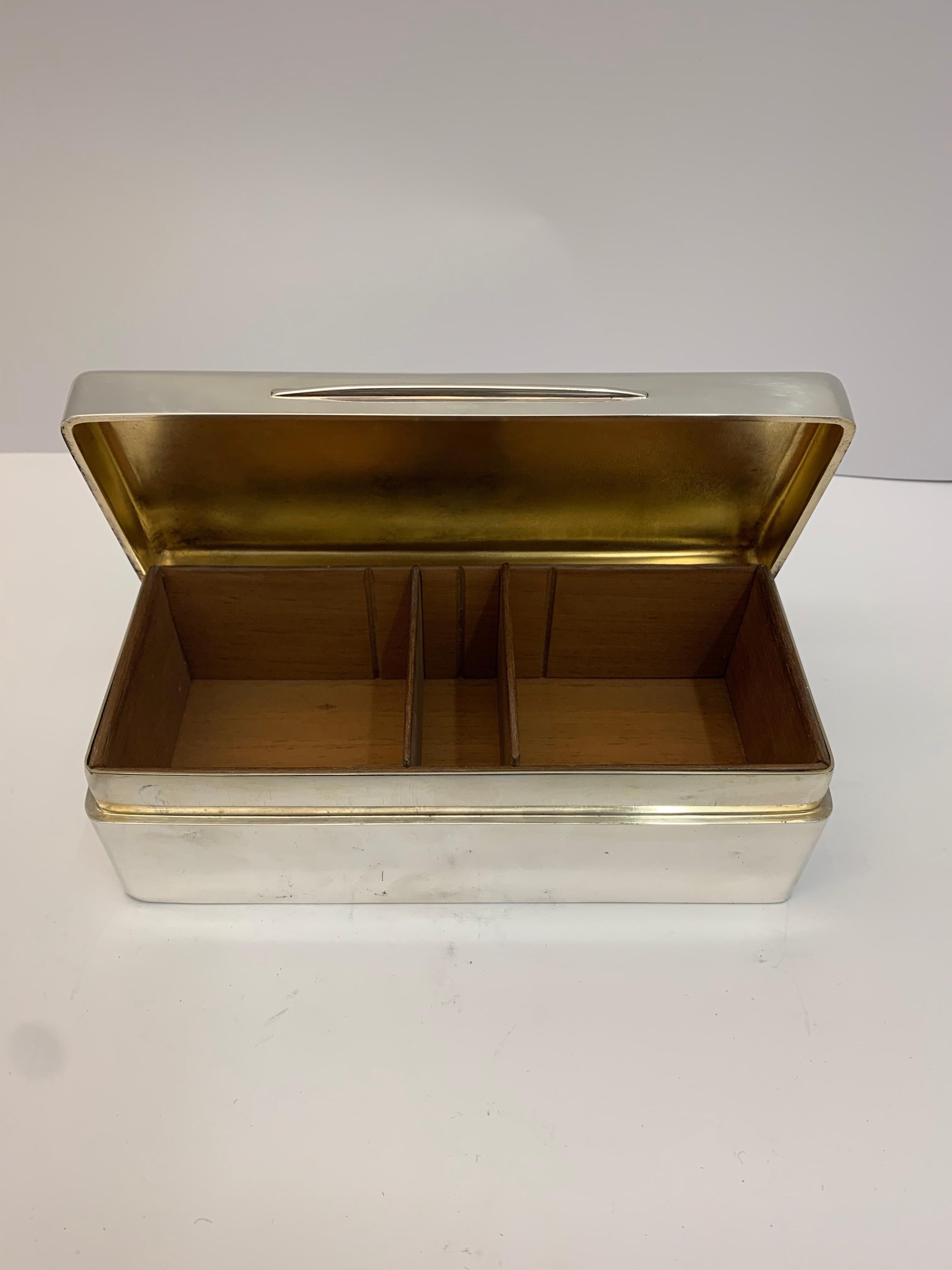 Victorian rectangular antique silver box with wooden compartments and hinged lid. Made in London by Gibson and Langman.