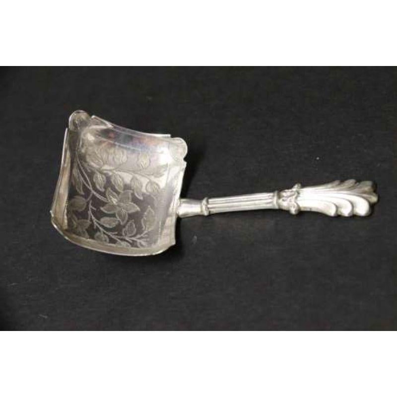 Embossed 19th Century Silver Caddy Spoon with Foliate Engraving, Birmingham, 1846 - 7 For Sale