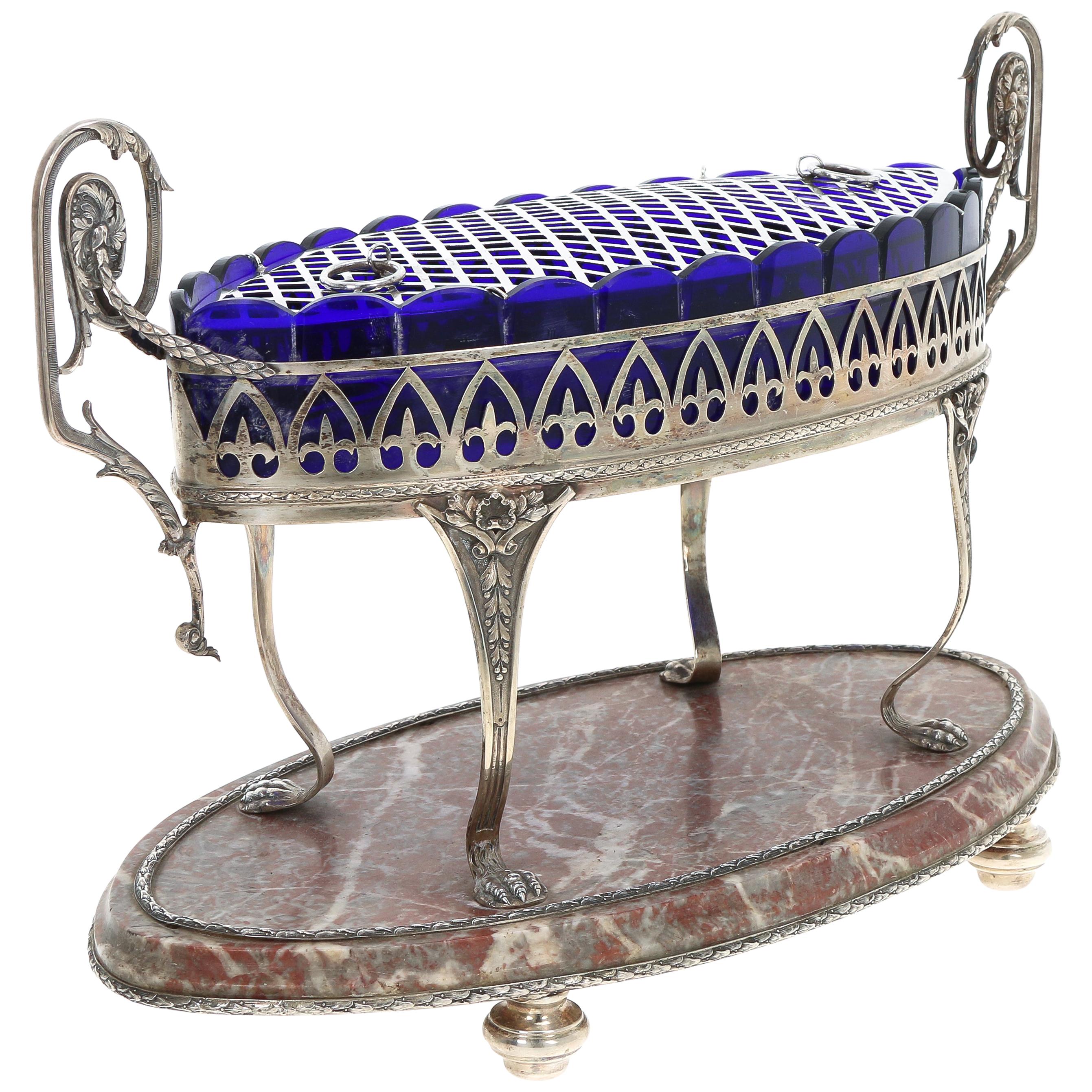 19th Century Silver Centerpiece with Marble and Cobalt Glass