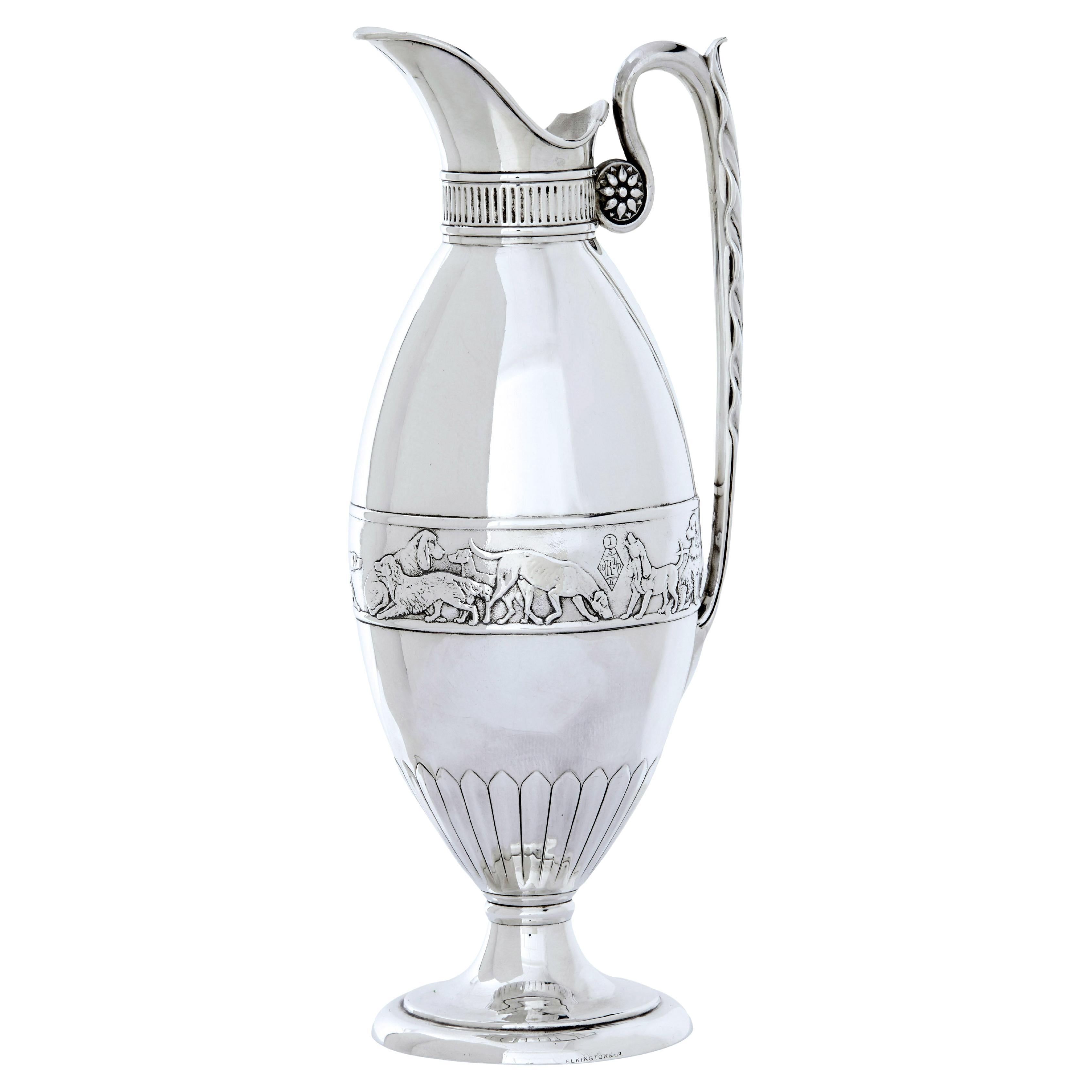 19th century silver claret jug by Frederick Elkington For Sale