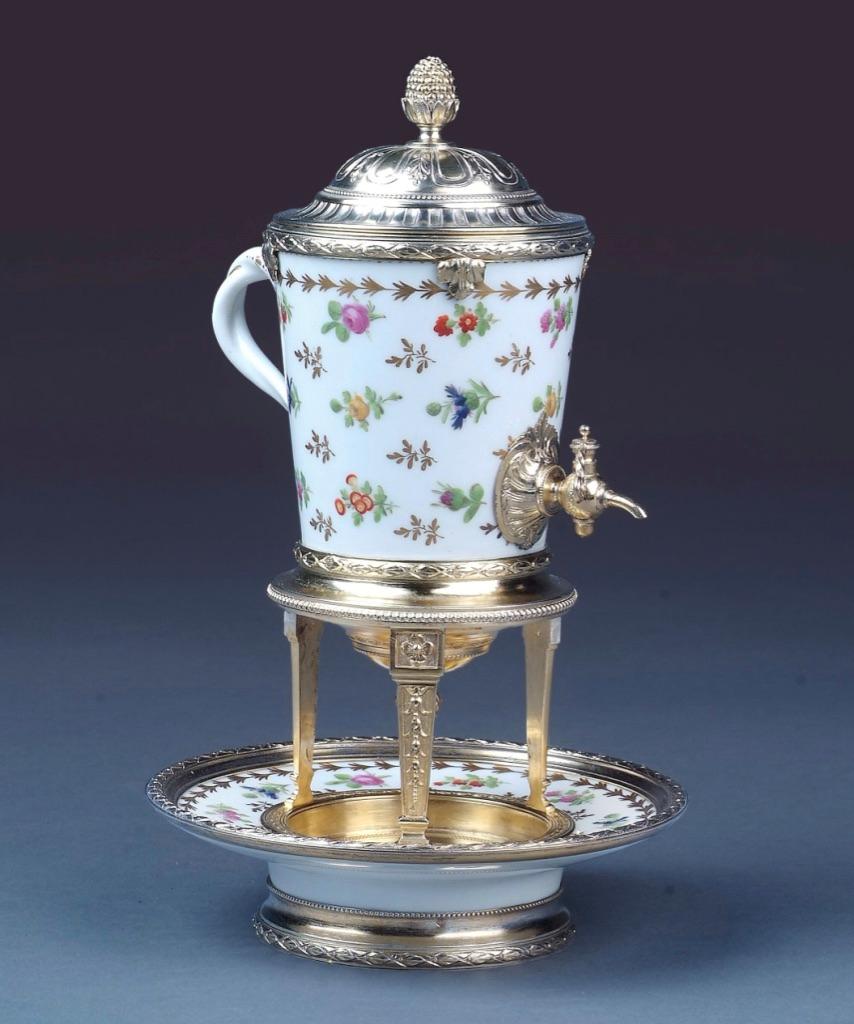 French 19th Century Silver-Gilt and Porcelain Liqueur Dispenser For Sale