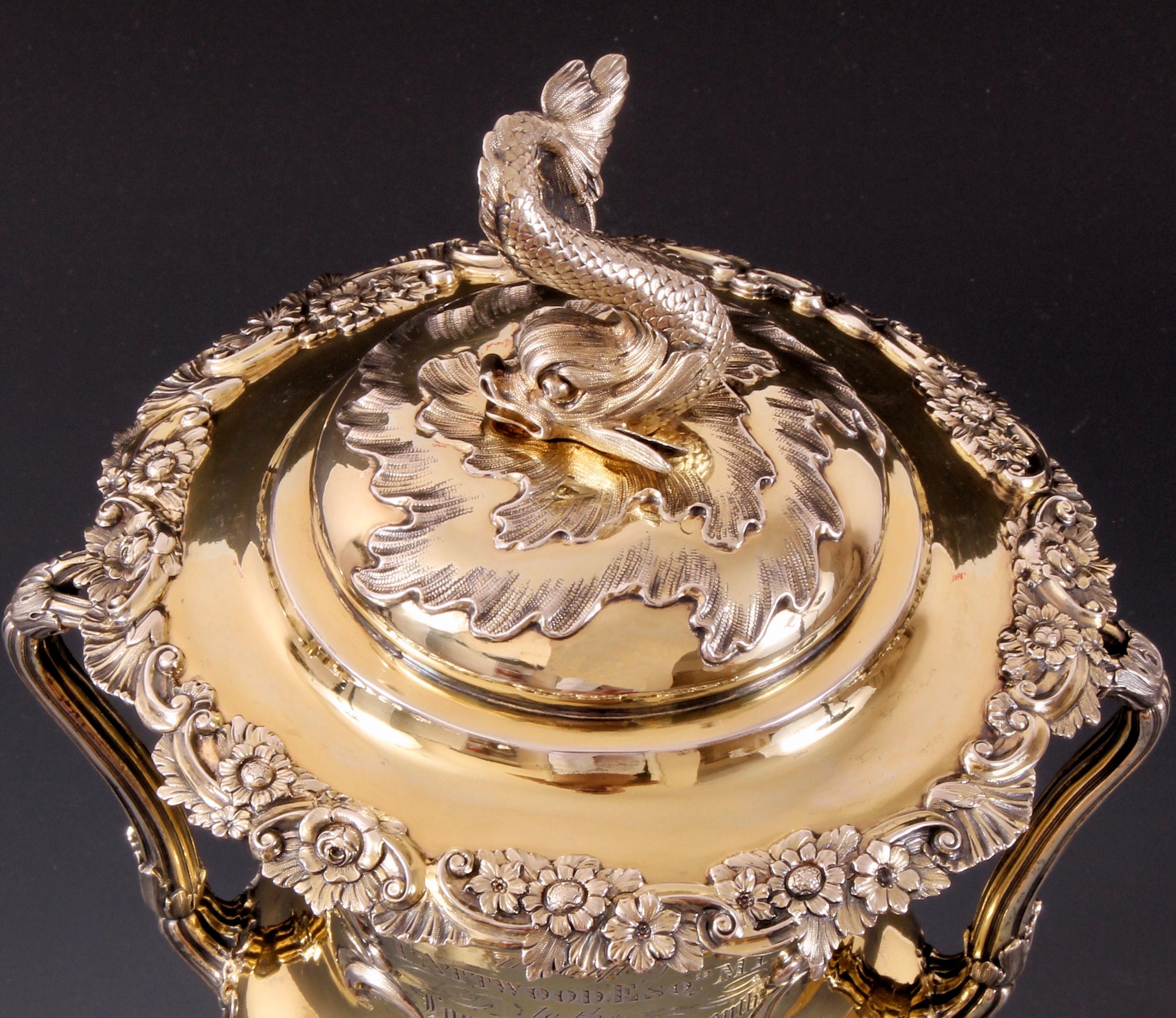 English 19th Century Silver Gilt Campana Shaped Lidded Vase by John Samuel Hunt