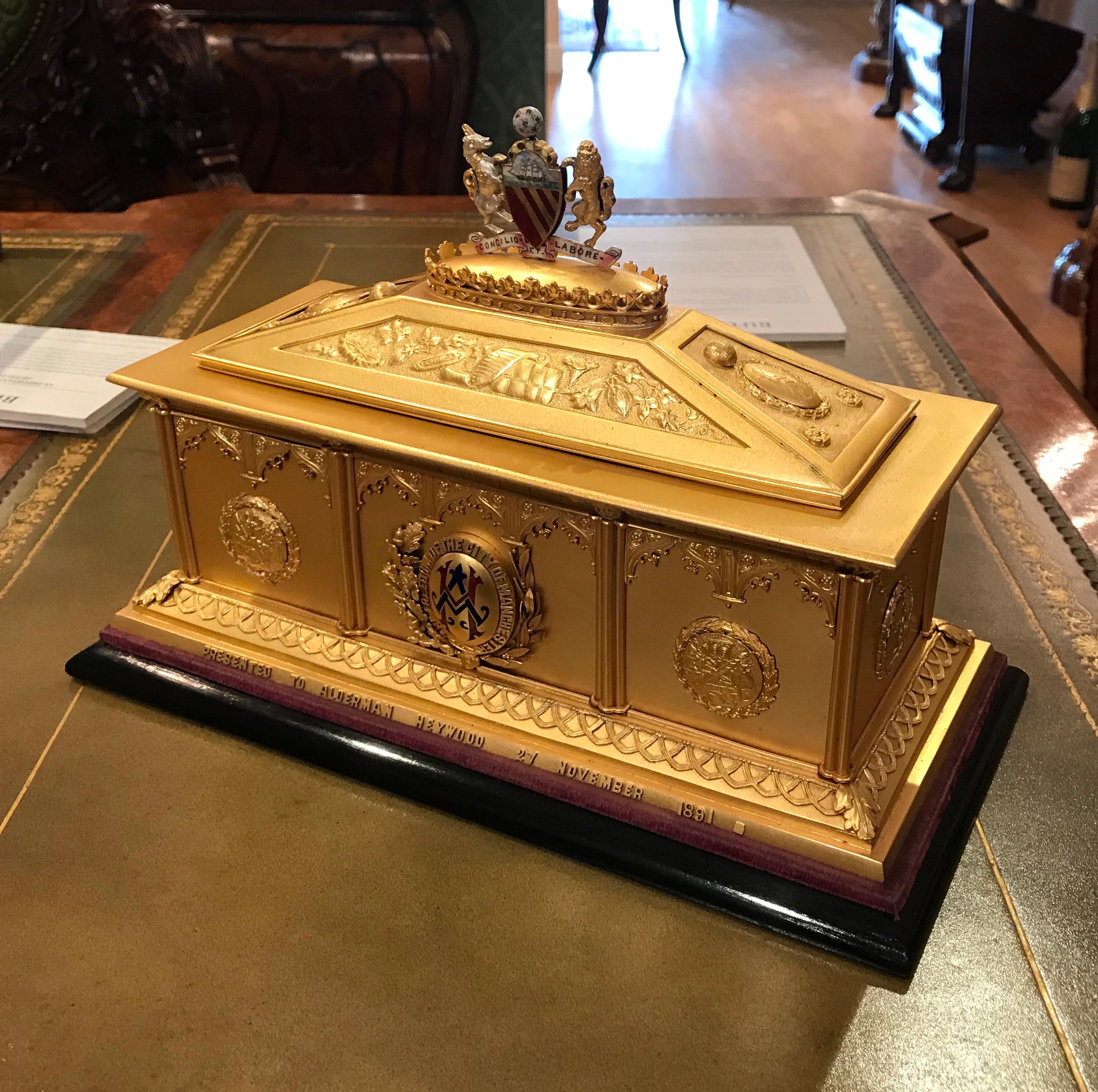 Late 19th Century 19th Century Silver Gilt Presentation Casket Awarded to Alderman Abel Heywood For Sale