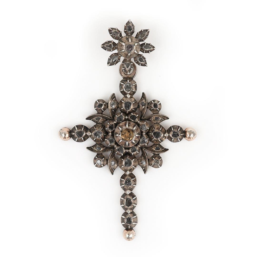 19th Century Silver Gilt Rose Cut Diamond Flemish Cross, Circa 1860 1