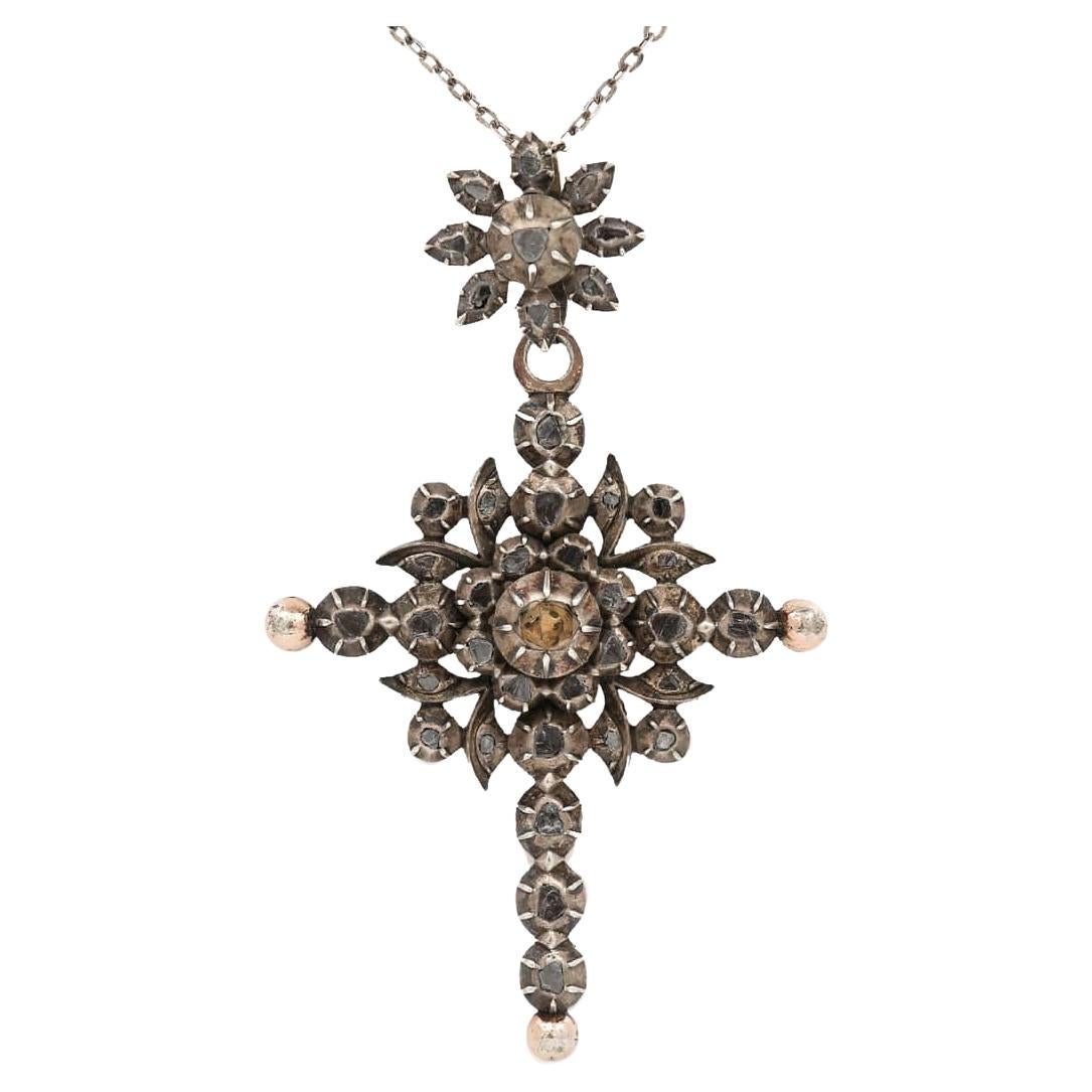 19th Century Silver Gilt Rose Cut Diamond Flemish Cross, Circa 1860