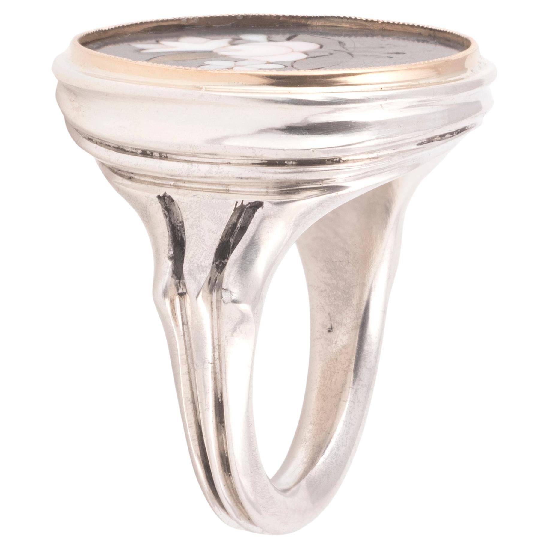 19th Century Silver & Gold Mounted Mosaic Pietra Dura Flowers Ring, circa 1830 In Excellent Condition For Sale In Firenze, IT