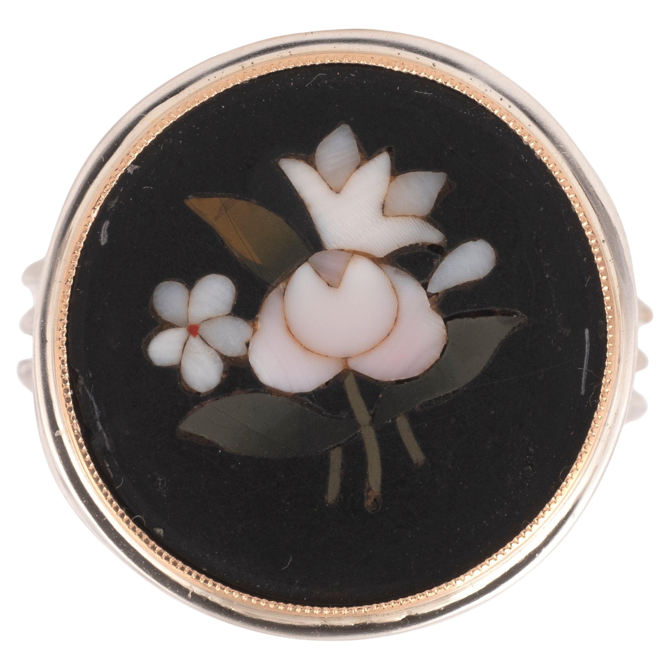 Women's or Men's 19th Century Silver & Gold Mounted Mosaic Pietra Dura Flowers Ring, circa 1830 For Sale