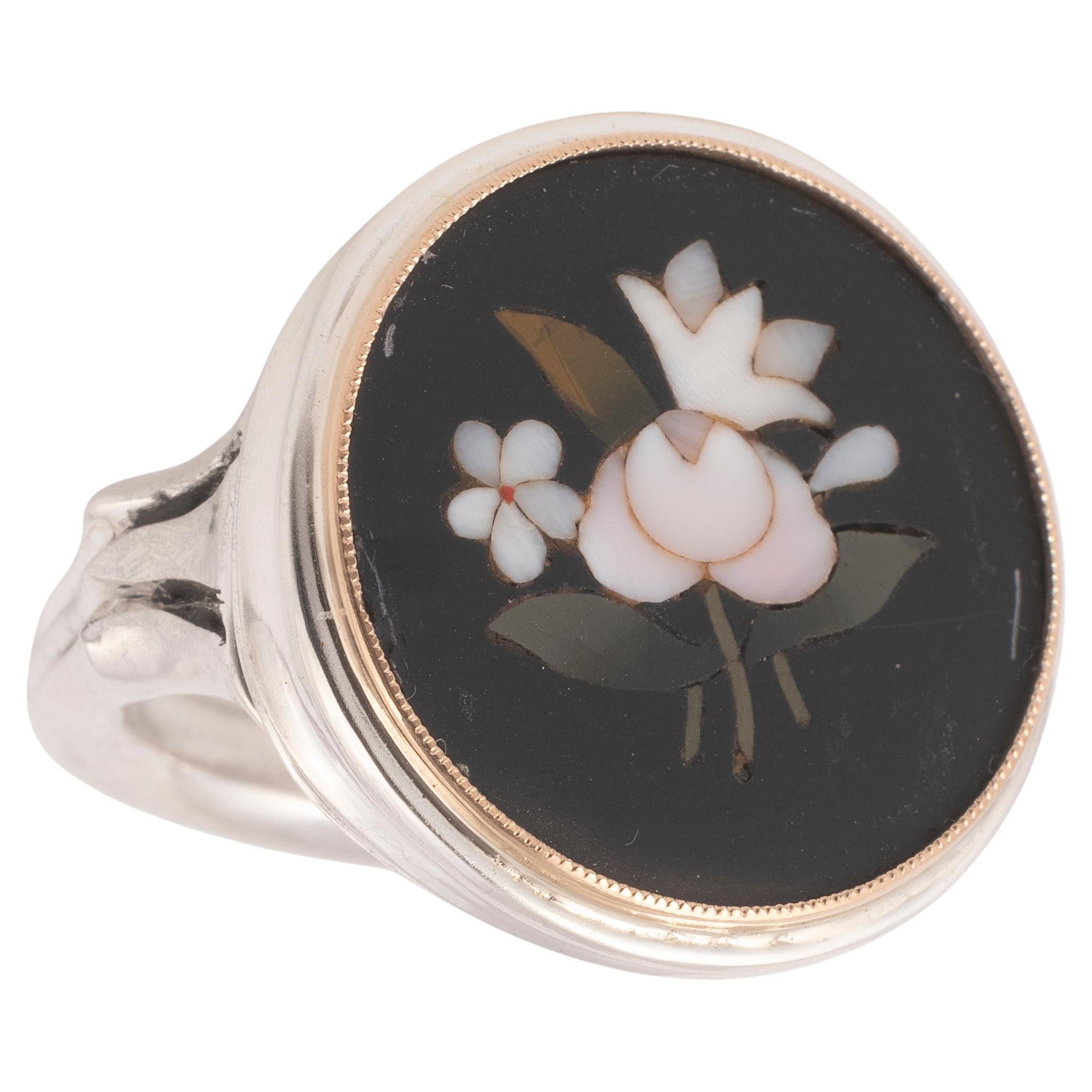 19th Century Silver & Gold Mounted Mosaic Pietra Dura Flowers Ring, circa 1830 For Sale