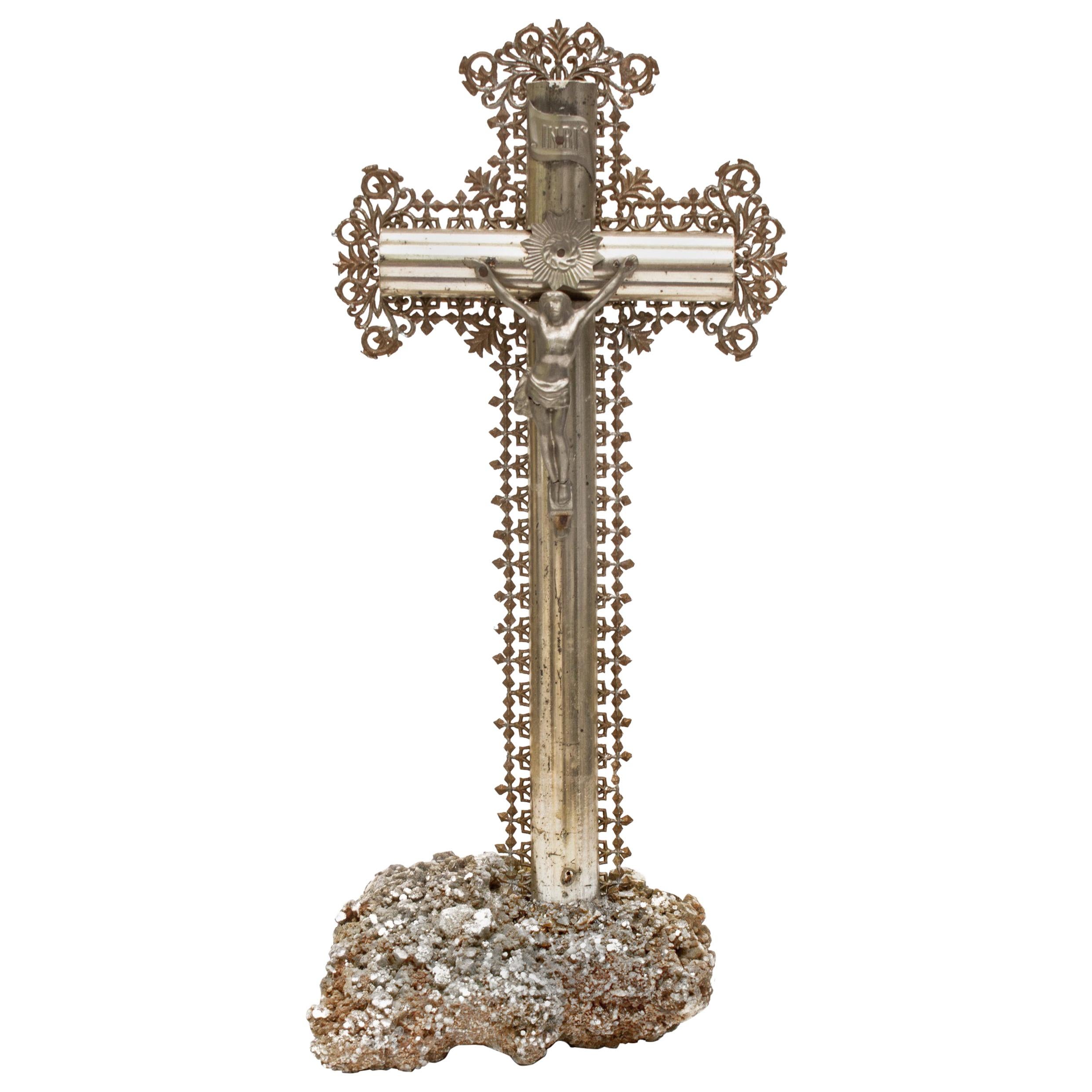 19th Century Silver Leaf French Crucifix on a Coordinating Mica Mineral Base