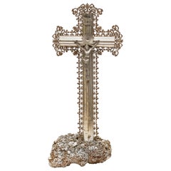 Antique 19th Century Silver Leaf French Crucifix on a Coordinating Mica Mineral Base