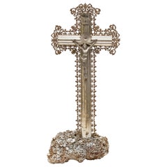 19th Century Silver Leaf French Crucifix on a Coordinating Mica Mineral Base