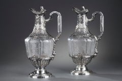 19th Century Silver Pair of Ewer and Crystal Engraved