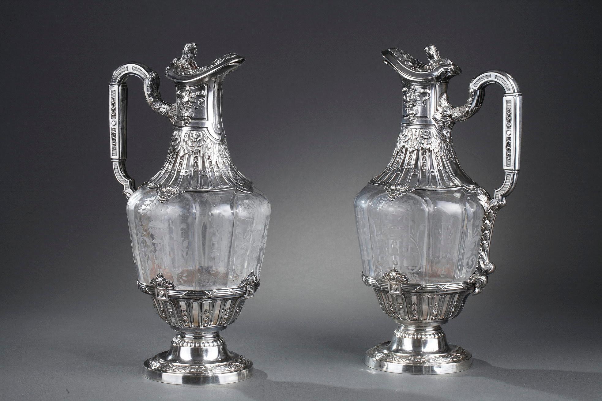 Art Nouveau 19th Century Silver Pair of Ewer and Crystal Engraved For Sale