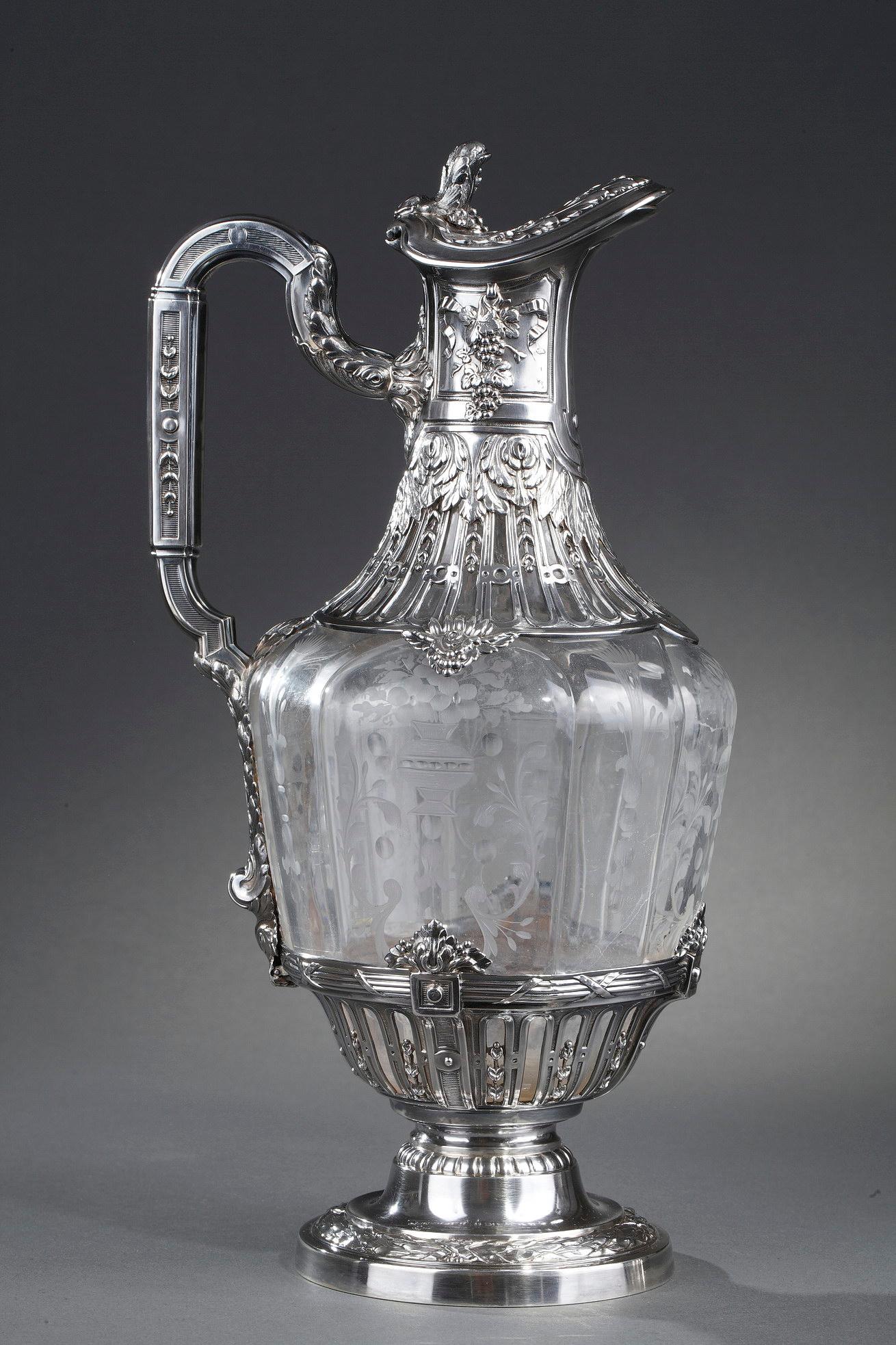 19th Century Silver Pair of Ewer and Crystal Engraved In Good Condition For Sale In Paris, FR