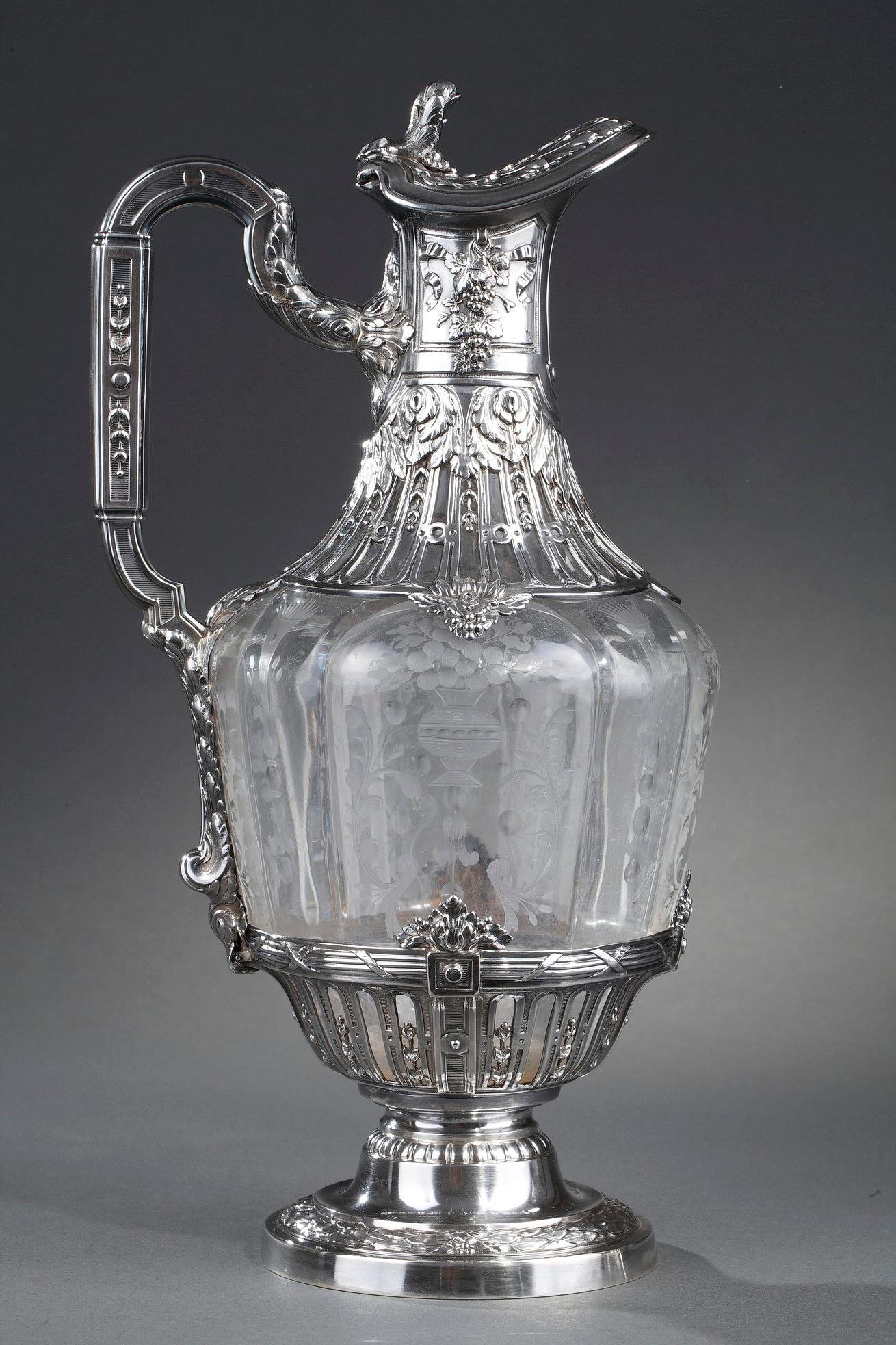 Late 19th Century 19th Century Silver Pair of Ewer and Crystal Engraved For Sale