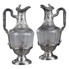 19th Century Silver Pair of Ewer and Crystal Engraved