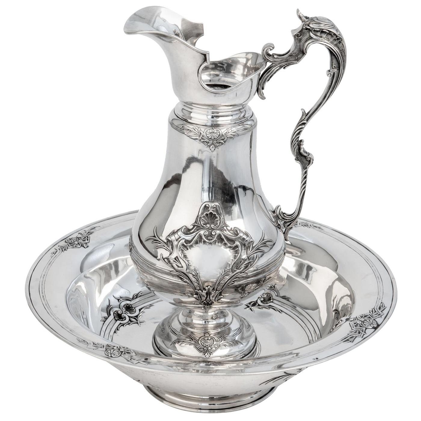 19th Century Silver Pitcher and Bowl For Sale