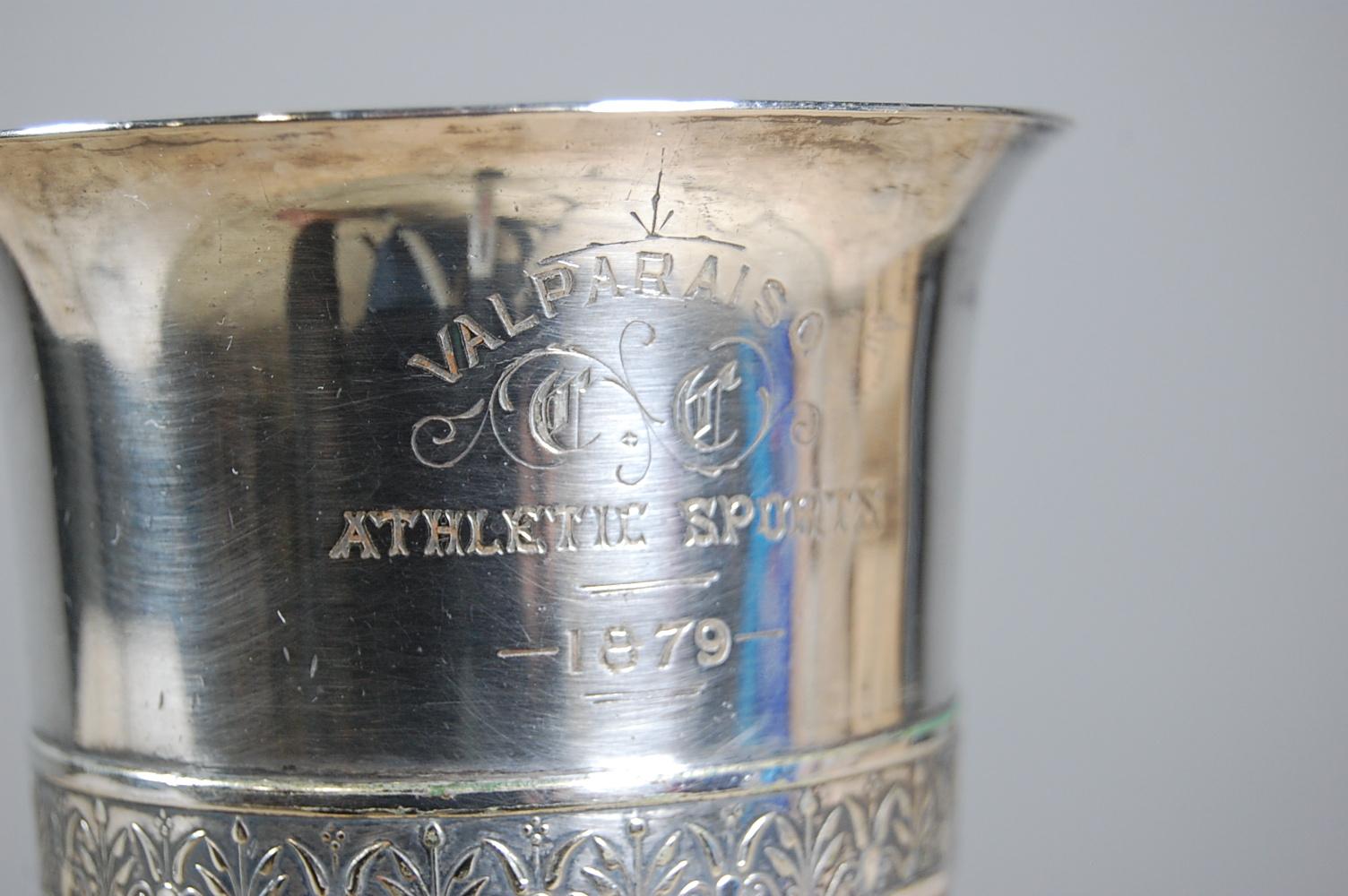 19th century silver plate athletic trophy or cup, reading 