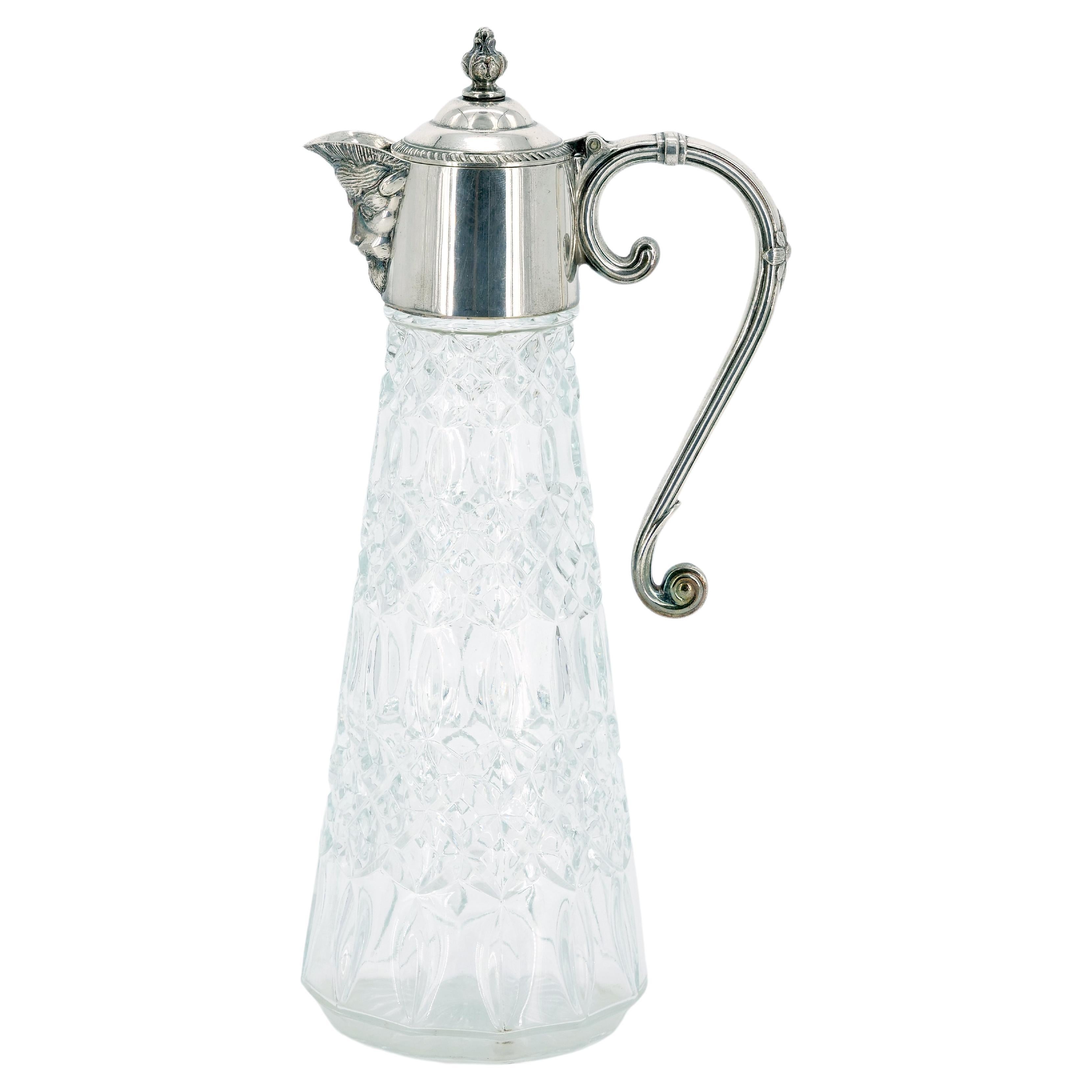 English 19th Century Silver Plate Holding Top / Cut Glass Claret Jug / Serving Pitcher For Sale