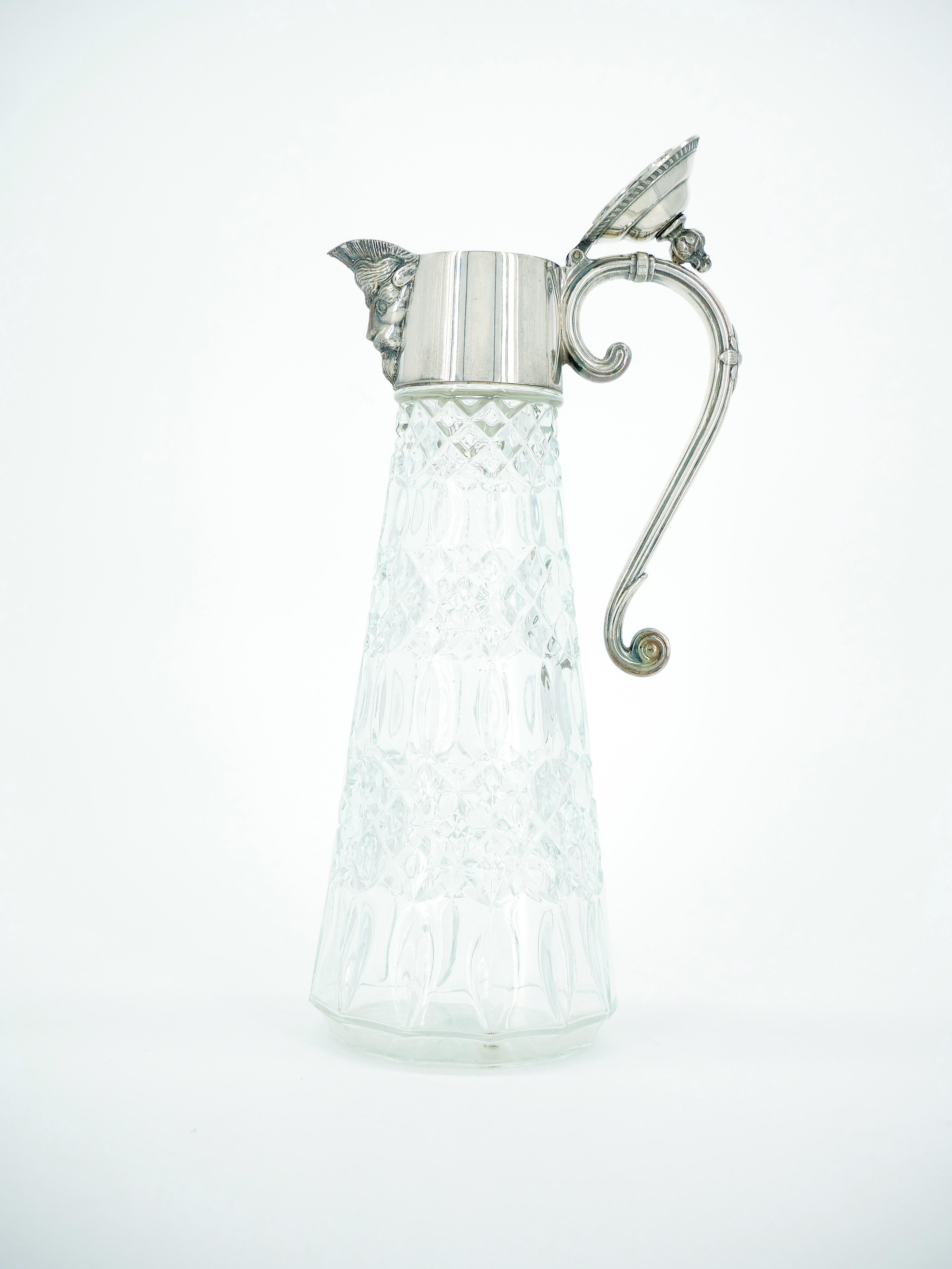 English 19th Century Silver Plate Holding Top / Cut Glass Claret Jug / Serving Pitcher For Sale