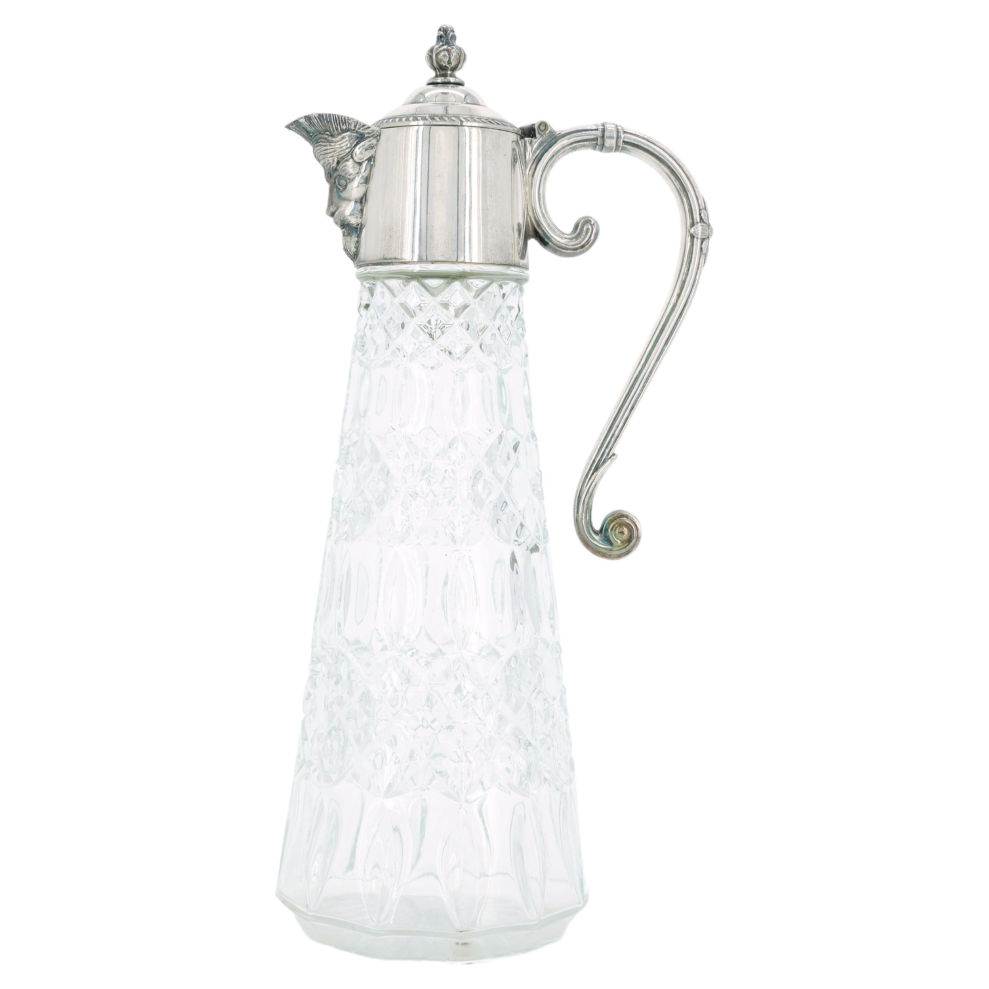 19th Century Silver Plate Holding Top / Cut Glass Claret Jug / Serving Pitcher For Sale
