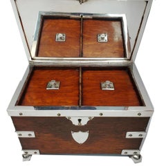 19th Century Silver Plate Mounted Oak Double Chamber Tea Caddy