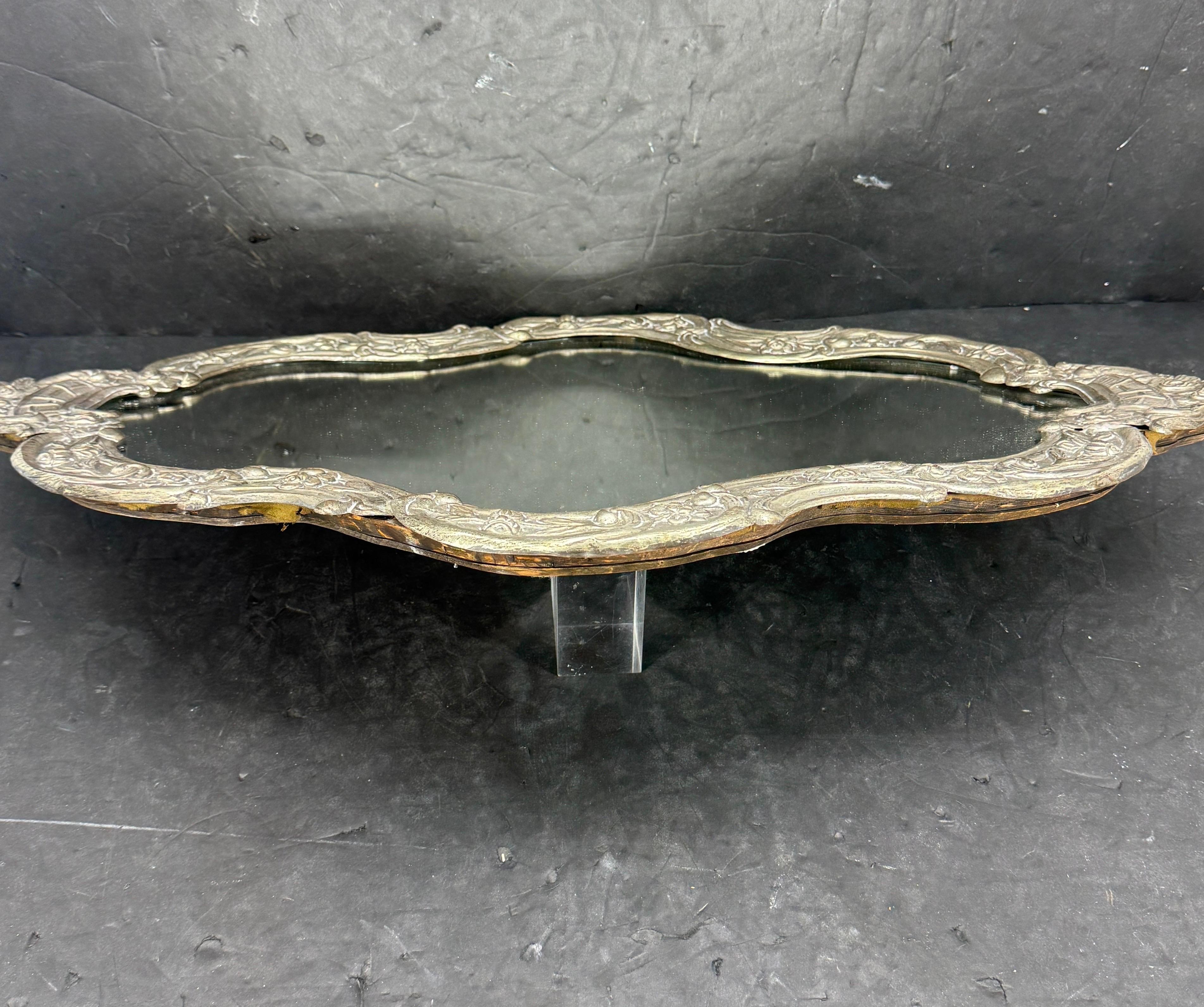 Hand-Carved 19th Century Silver Plate Tableau Mirrored Tabletop Tray For Sale