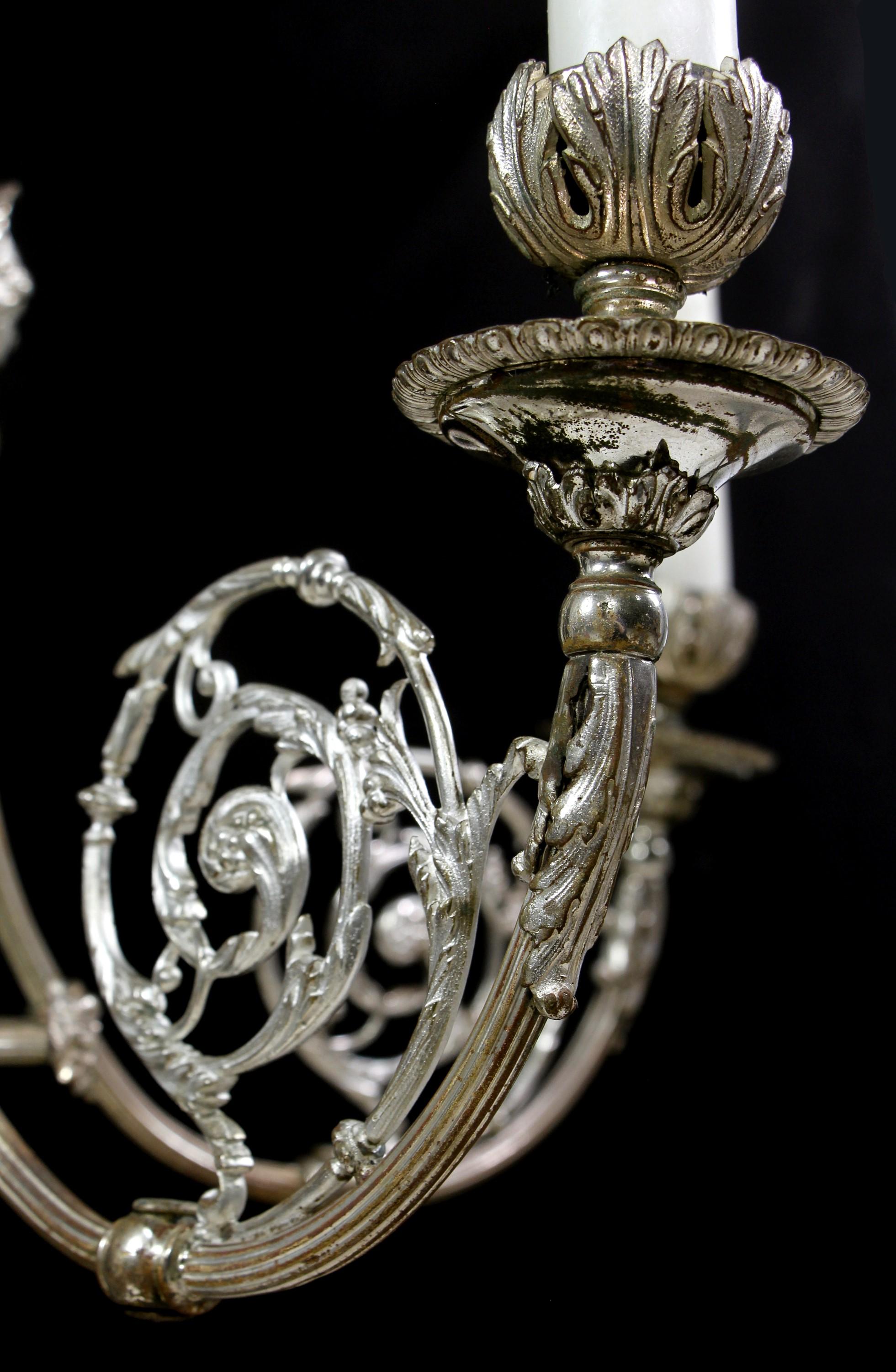 19th C Silver plated Brass Women's Head 4 Arm Chandelier For Sale 5