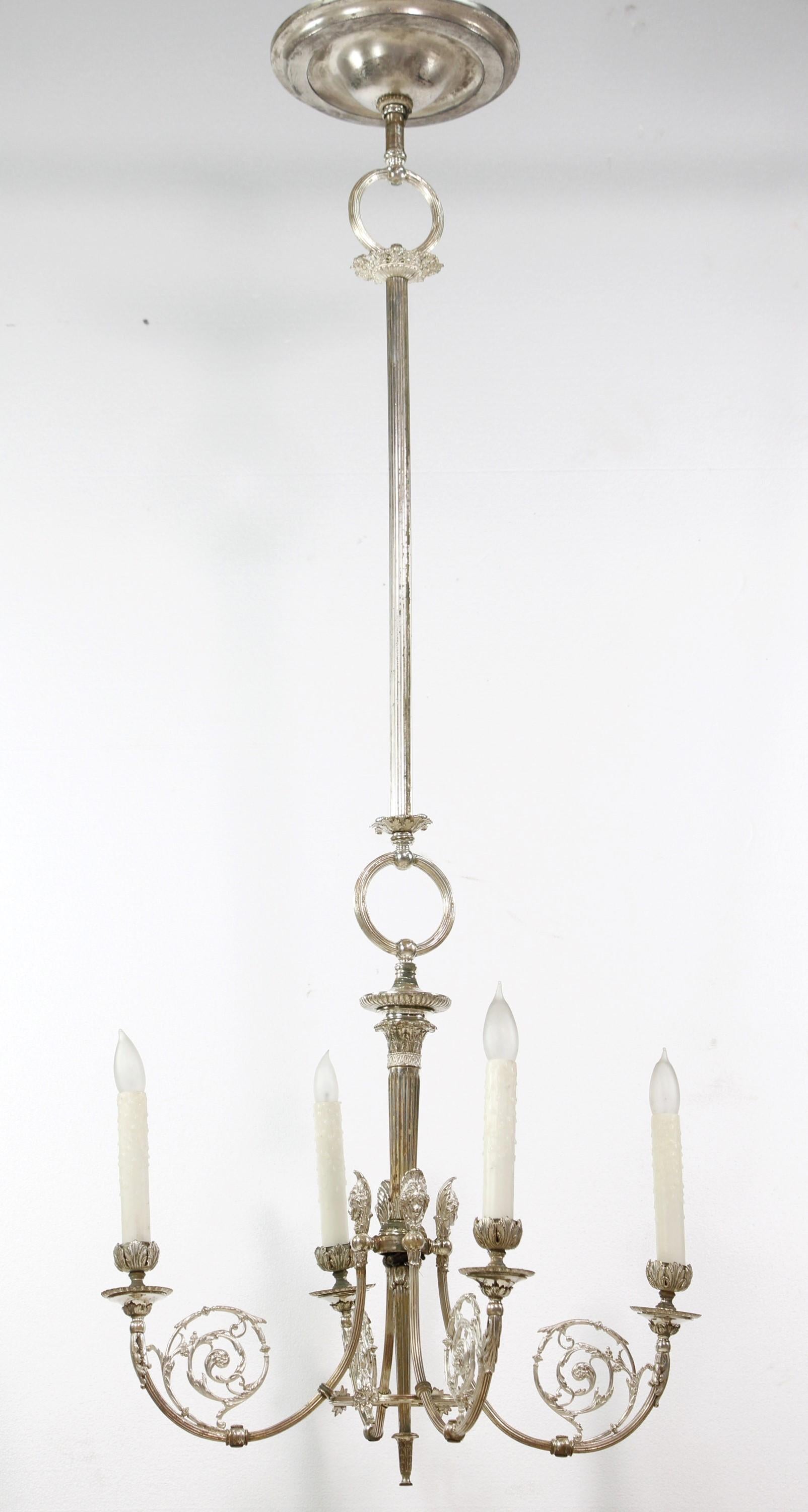 19th C Silver plated Brass Women's Head 4 Arm Chandelier For Sale 7