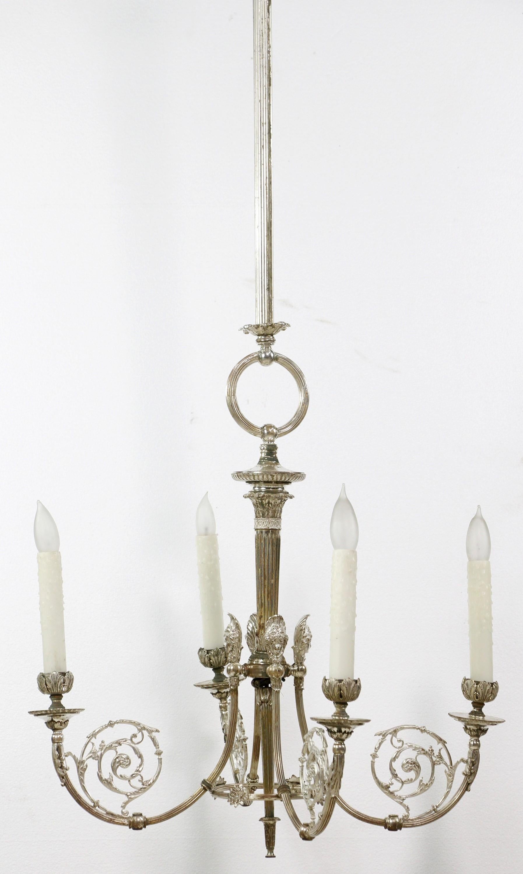 19th C Silver plated Brass Women's Head 4 Arm Chandelier For Sale 8