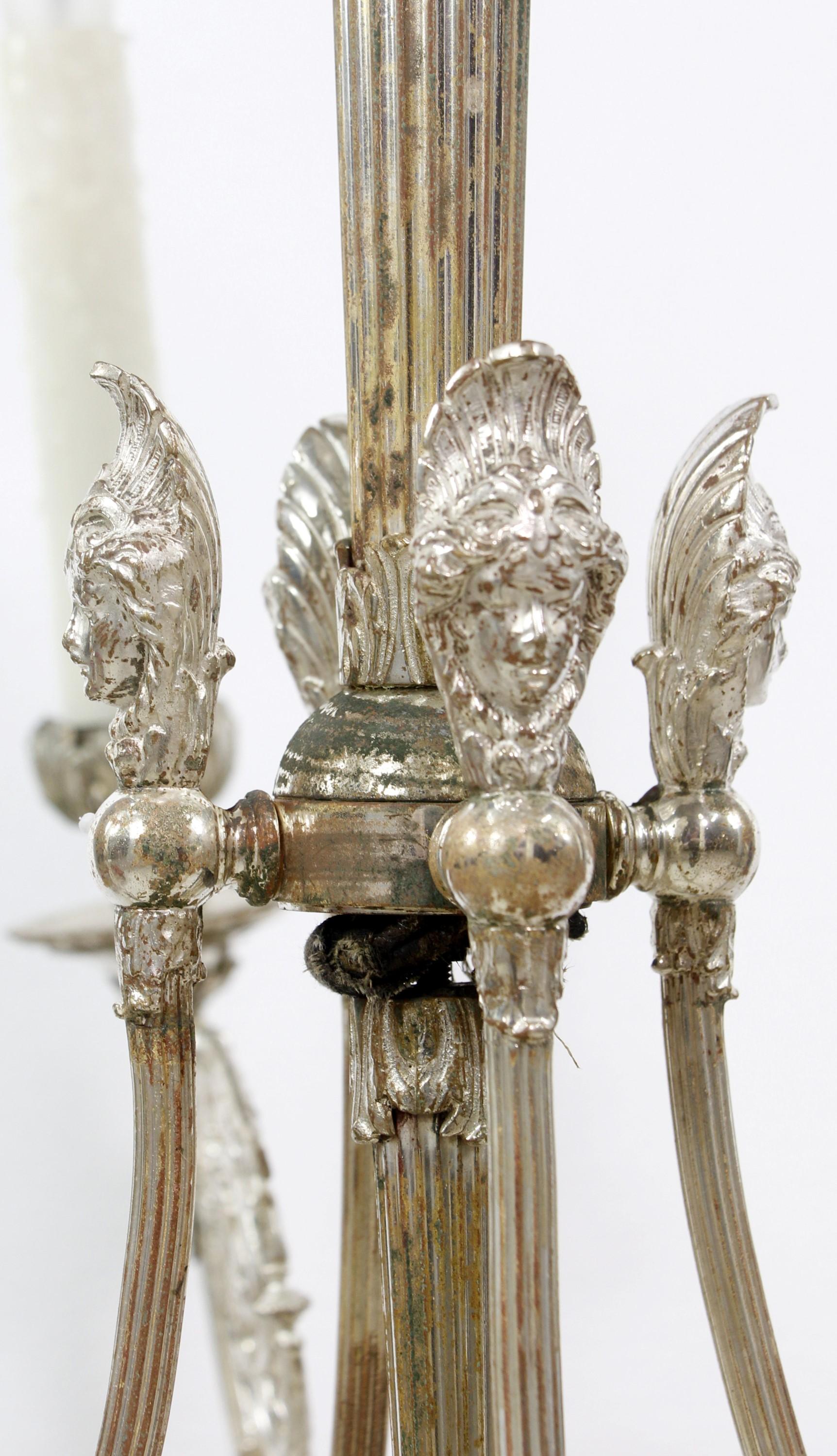 19th C Silver plated Brass Women's Head 4 Arm Chandelier For Sale 10