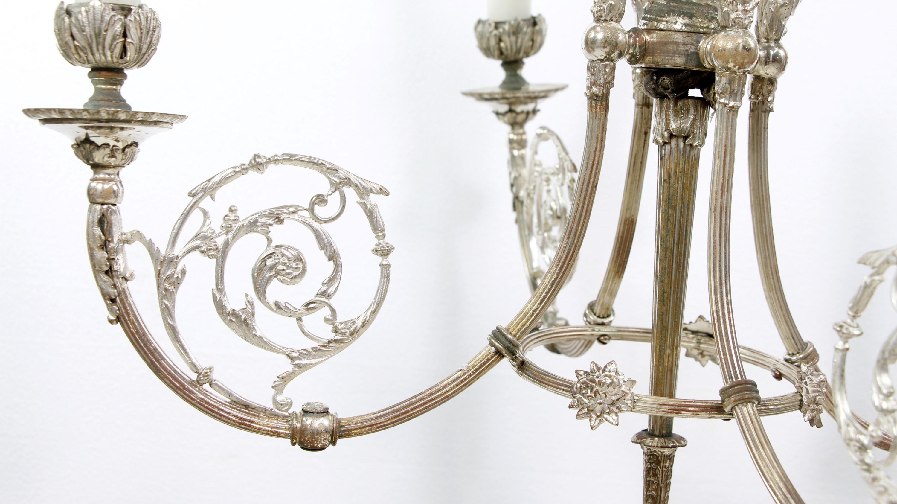 19th C Silver plated Brass Women's Head 4 Arm Chandelier For Sale 11