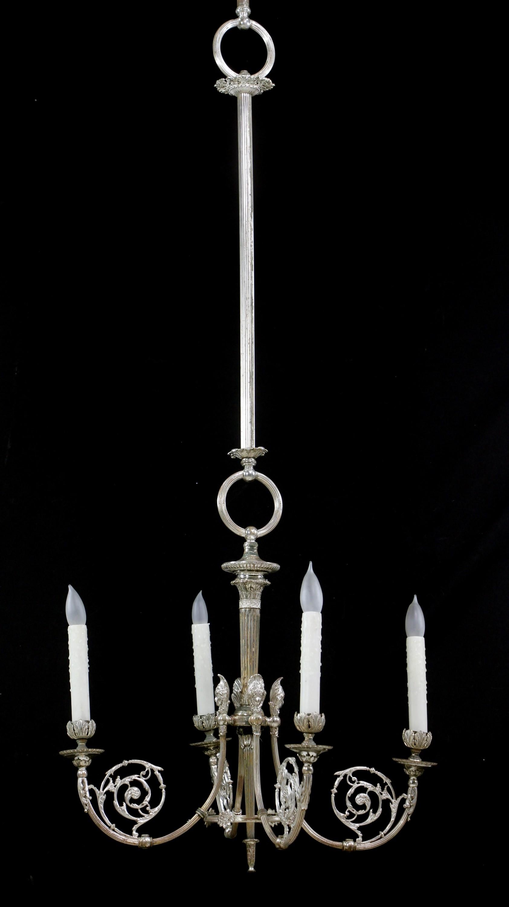 Silvered 19th C Silver plated Brass Women's Head 4 Arm Chandelier For Sale