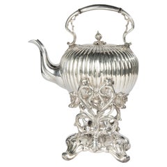 Tetera plateada del siglo XIX con soporte - James Dixon & Sons Sheffield