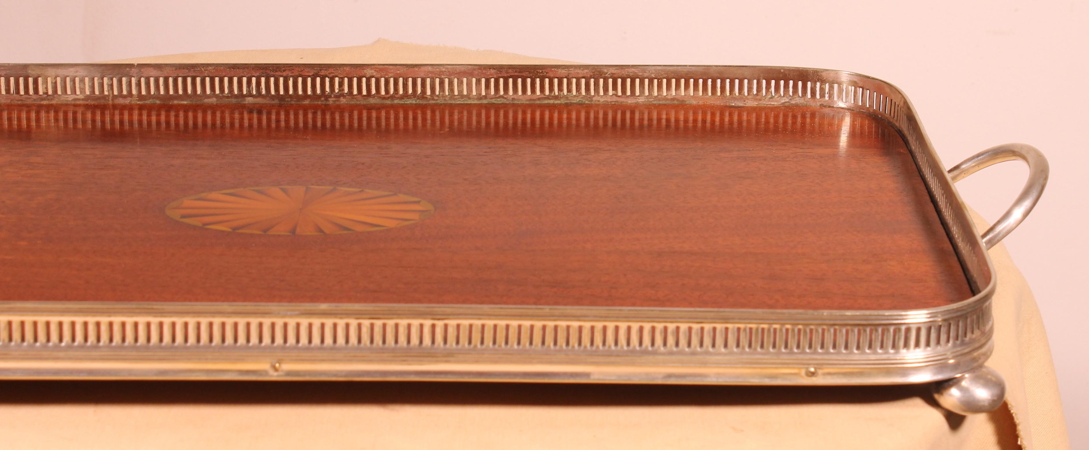 Late Victorian 19th Century Silver-plated Metal And Mahogany Tray For Sale