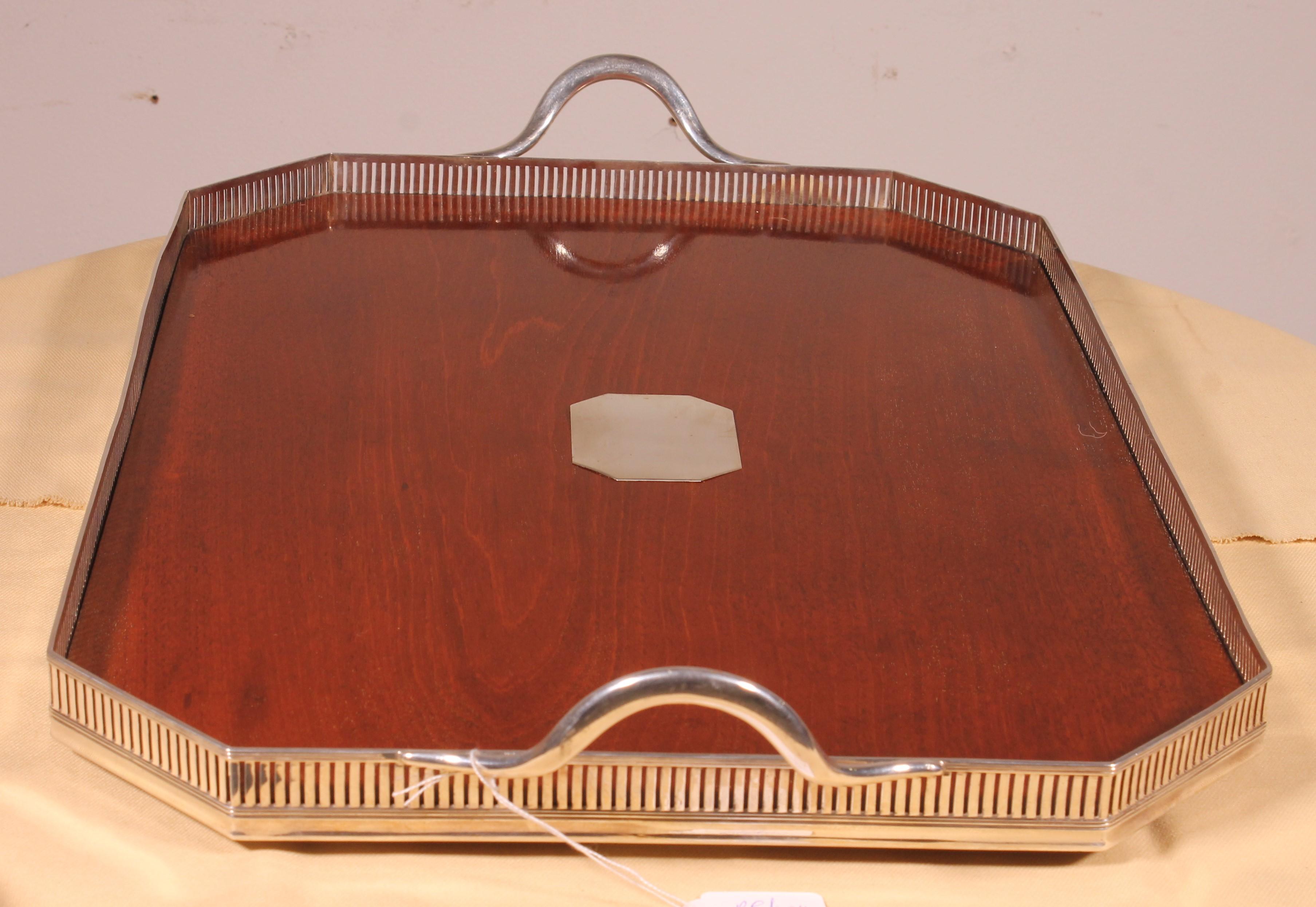 Bandeja de metal plateado y caoba del siglo XIX Británico