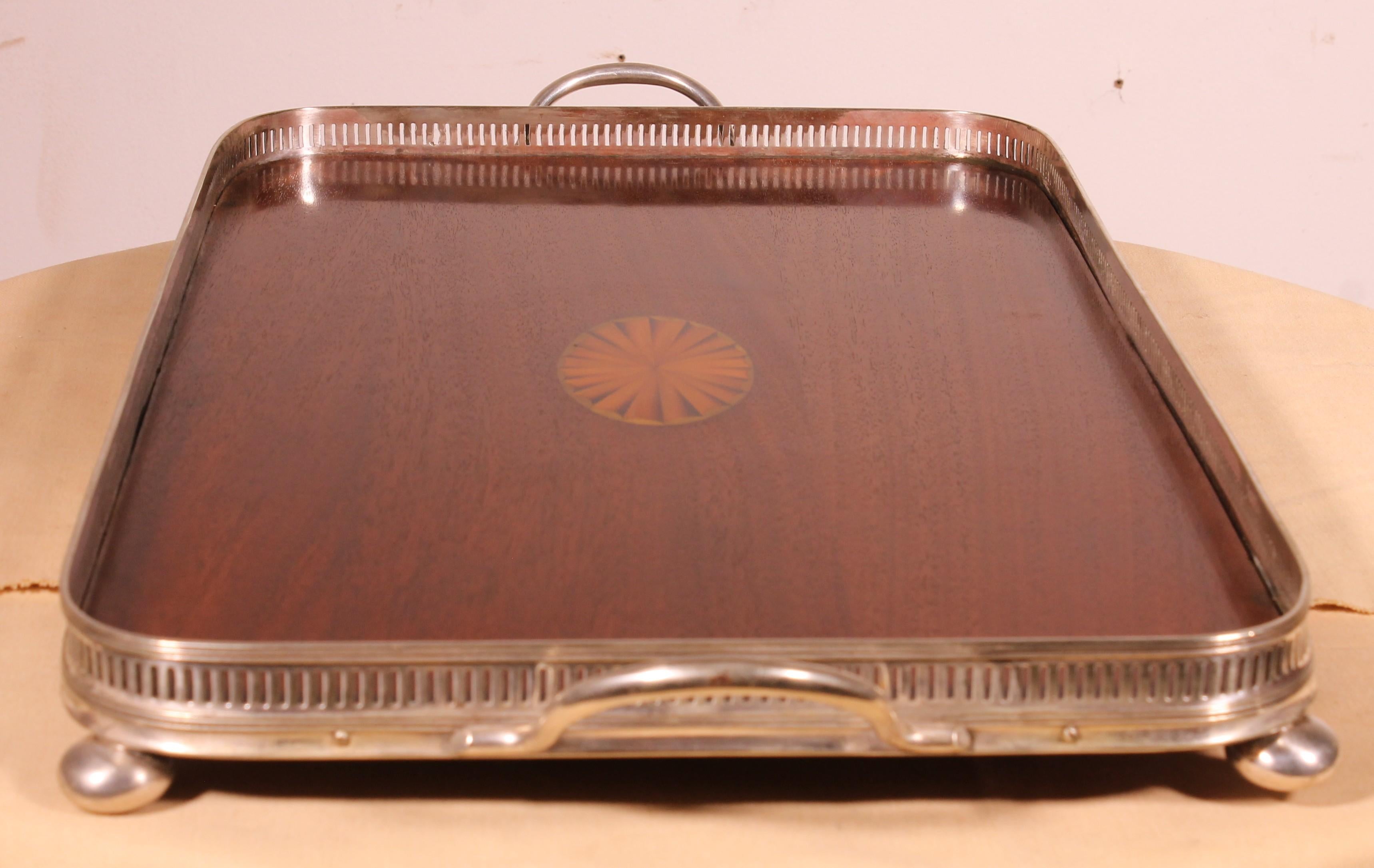 19th Century Silver-plated Metal And Mahogany Tray For Sale 1
