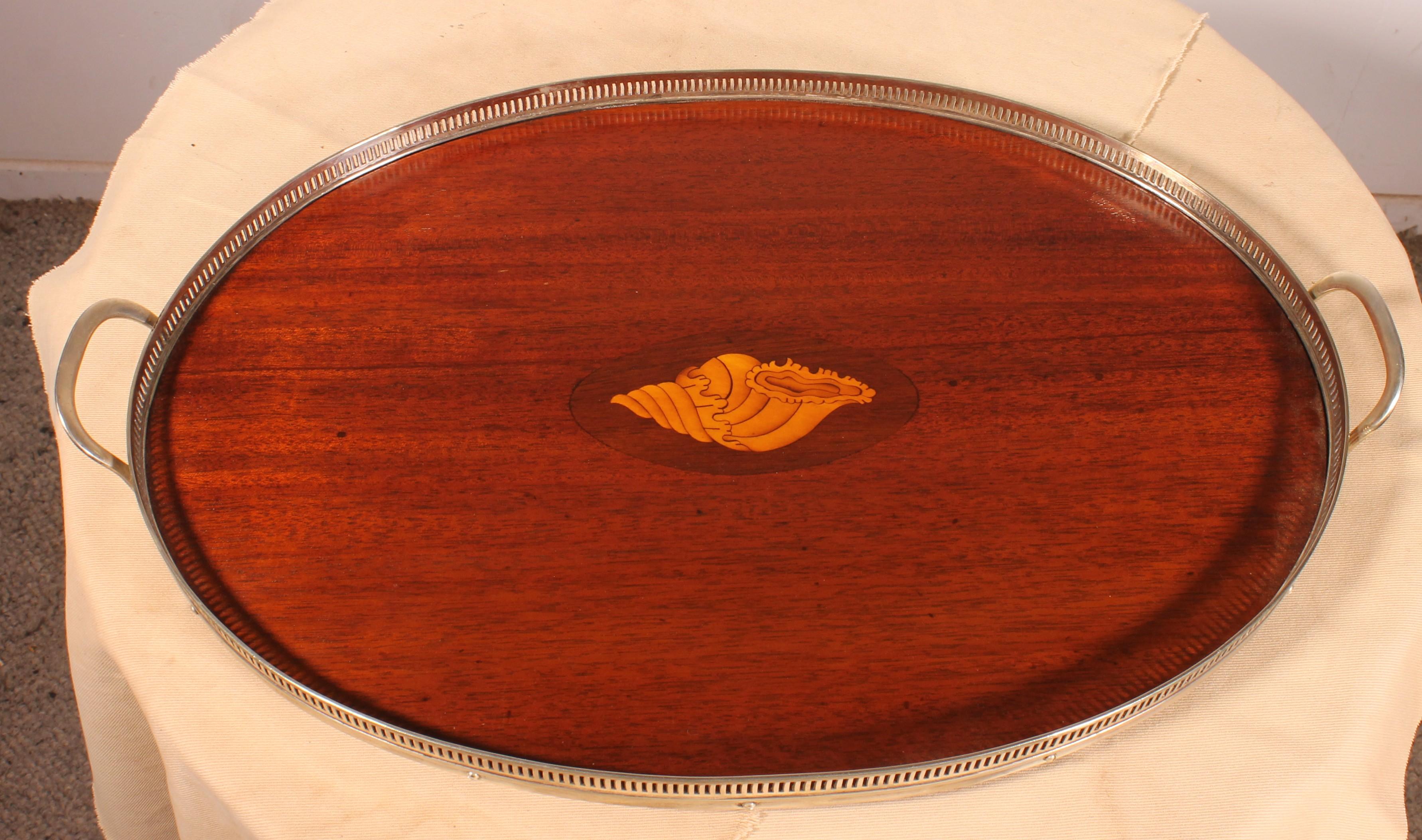 19th Century Silver-plated Metal And Mahogany Tray For Sale 1