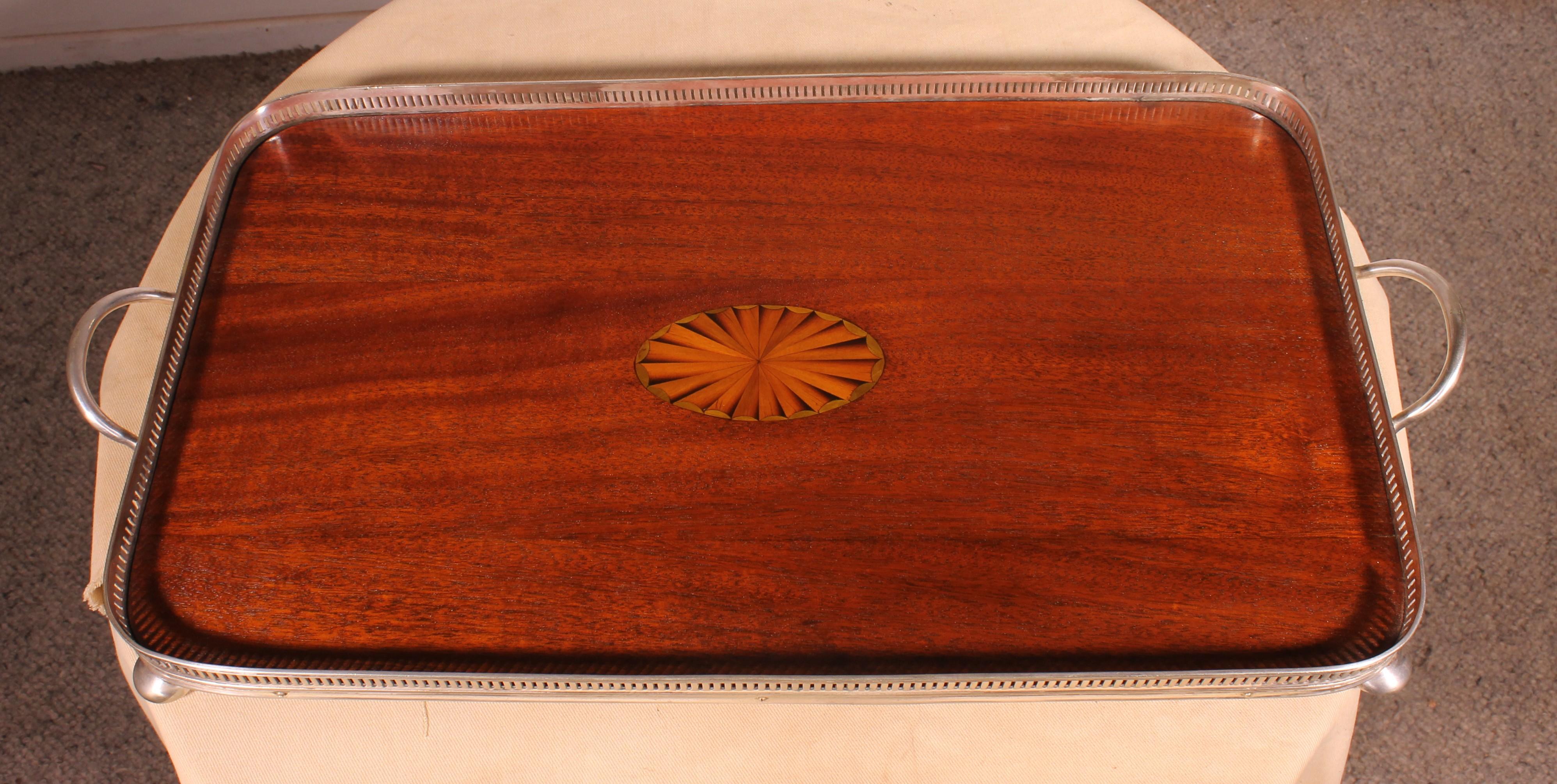 19th Century Silver-plated Metal And Mahogany Tray For Sale 3