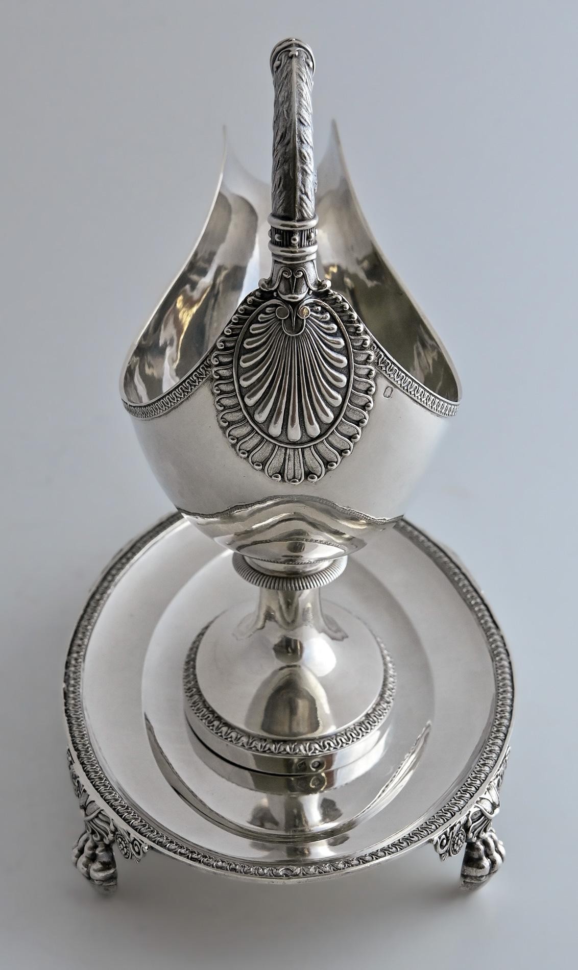 French 19th Century Silver Sauciere With Stand Paris 1819-1838 Handle Swan Head For Sale