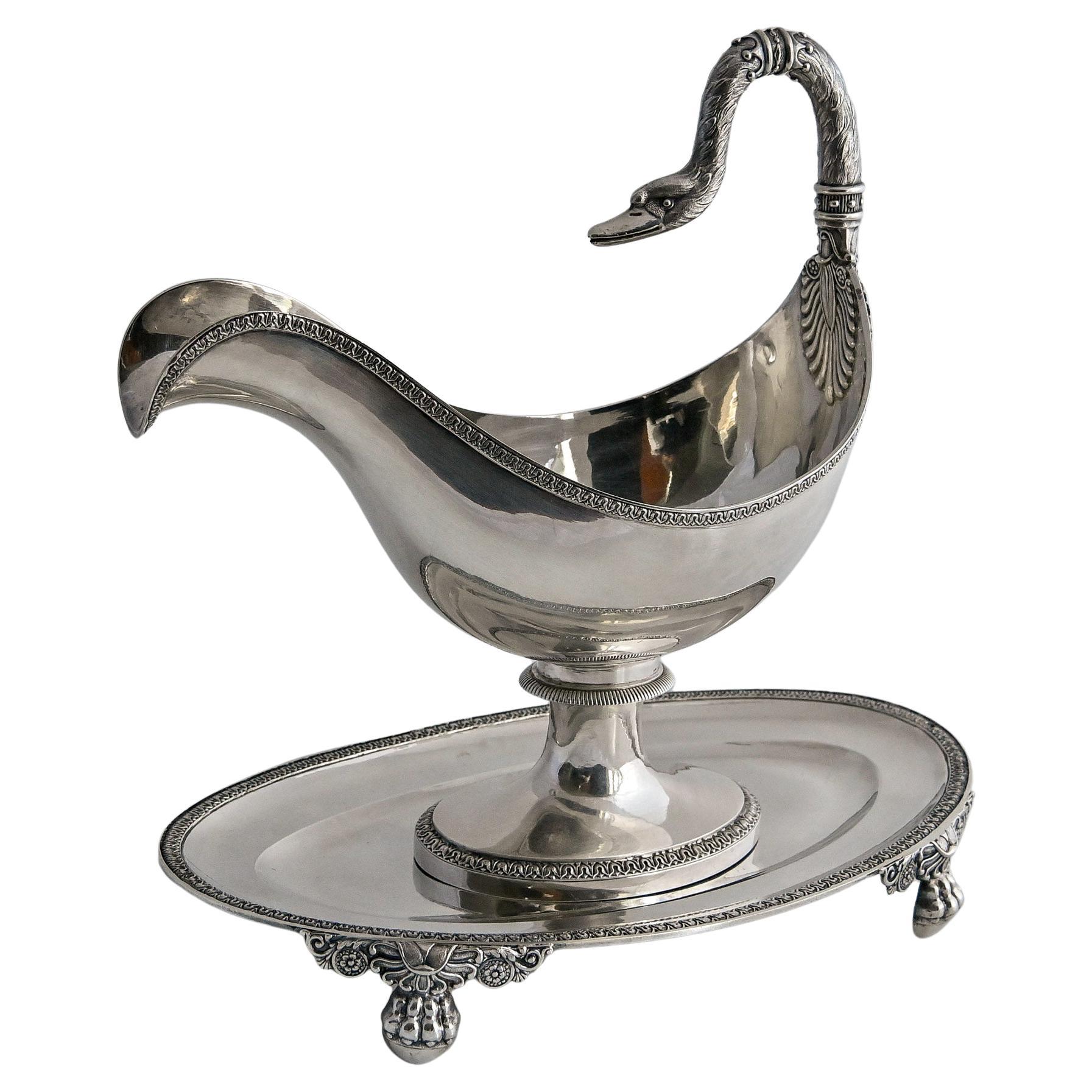 19th Century Silver Sauciere With Stand Paris 1819-1838 Handle Swan Head For Sale