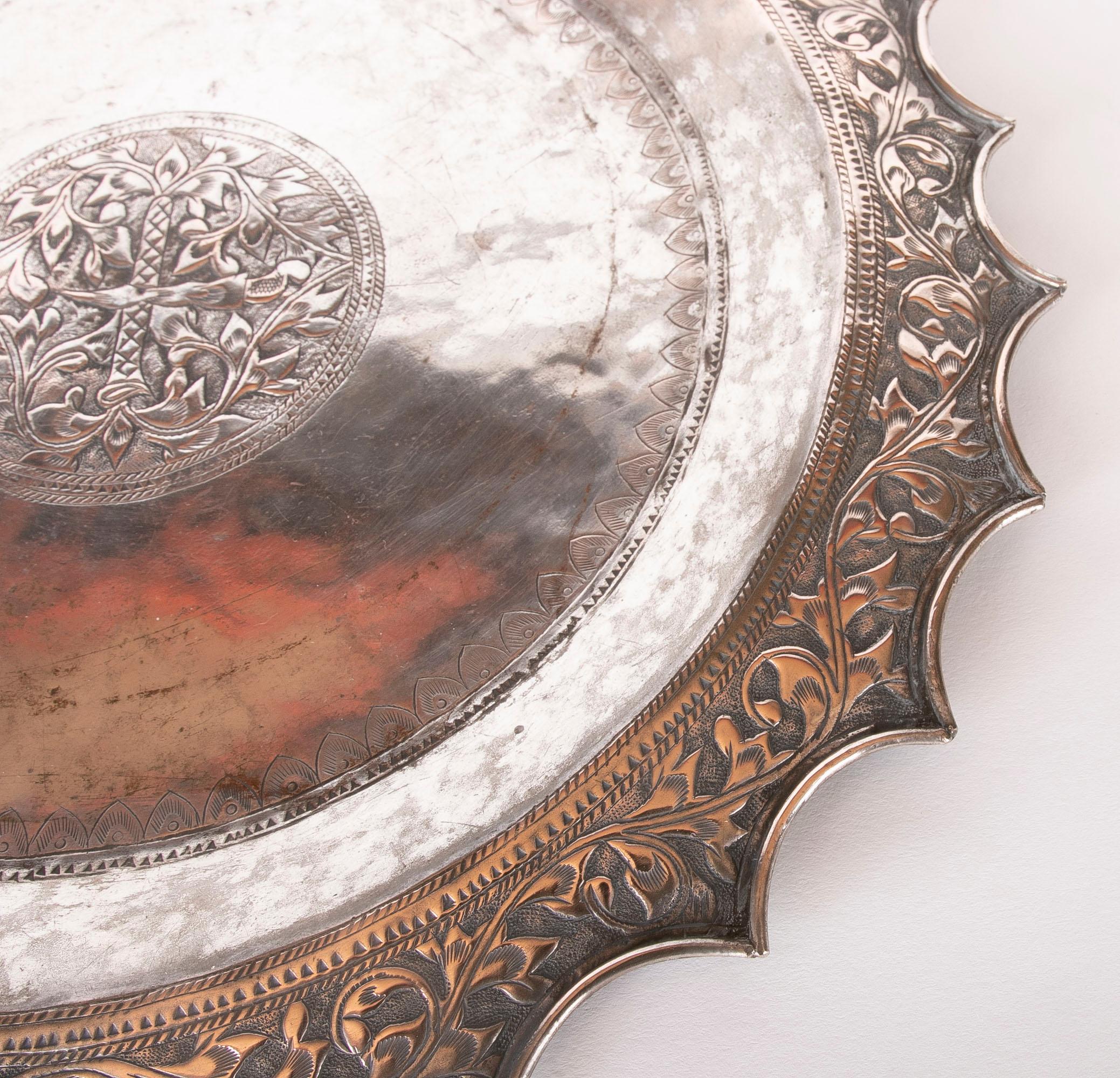 19th Century Silver Tray with Embossed Flower Decoration For Sale 11